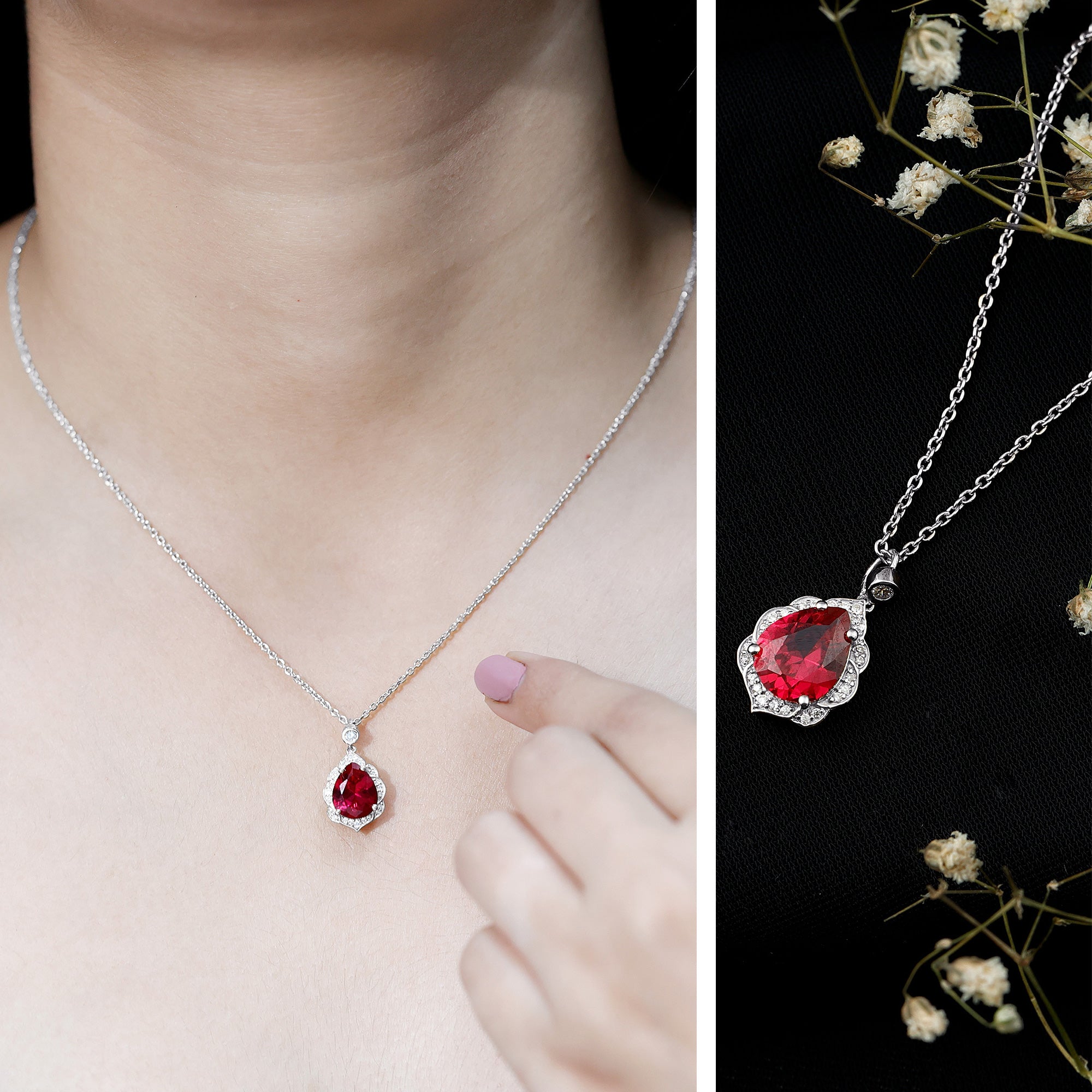 Certified Lab Grown Ruby Vintage Inspired Necklace with Diamond Halo AAAA - Rosec Jewels