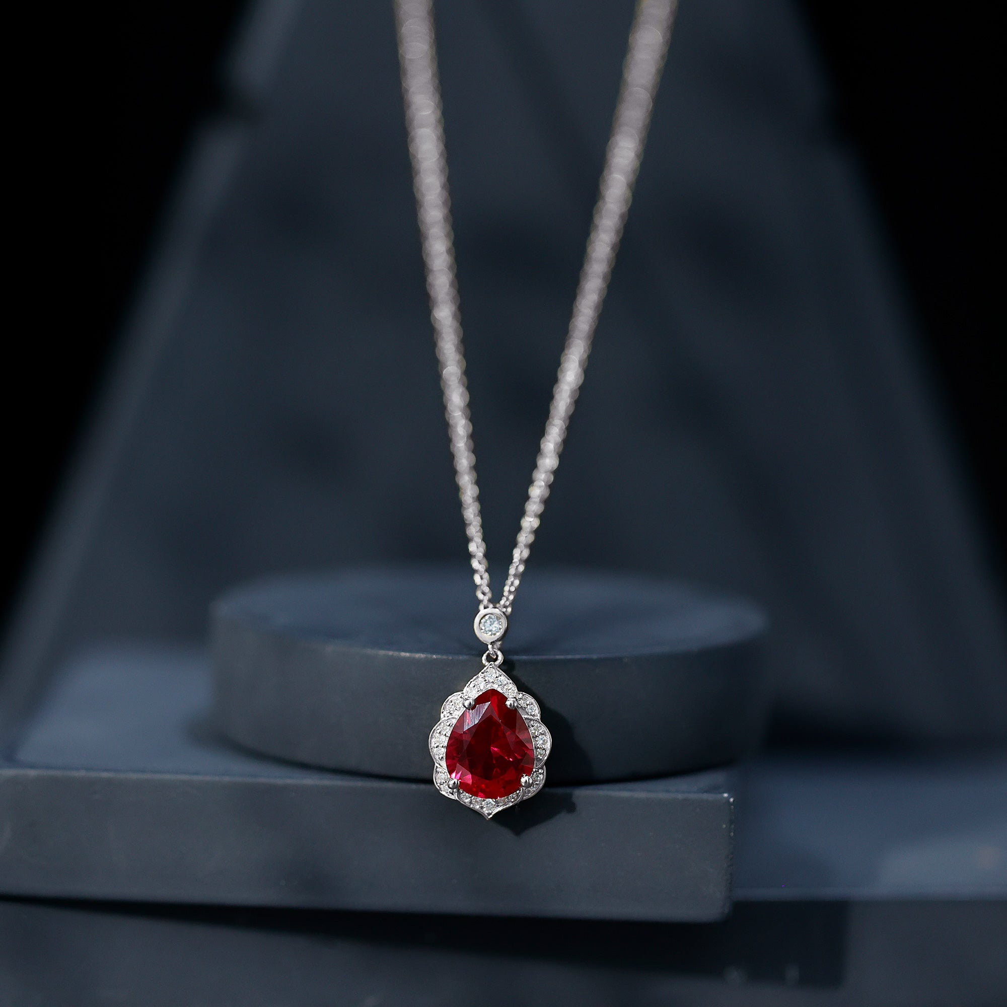 Certified Lab Grown Ruby Vintage Inspired Necklace with Diamond Halo AAAA - Rosec Jewels