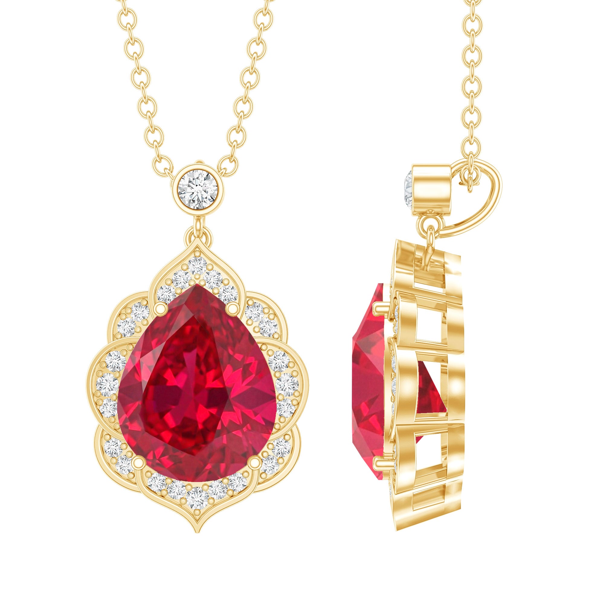 Certified Lab Grown Ruby Vintage Inspired Necklace with Diamond Halo AAAA - Rosec Jewels