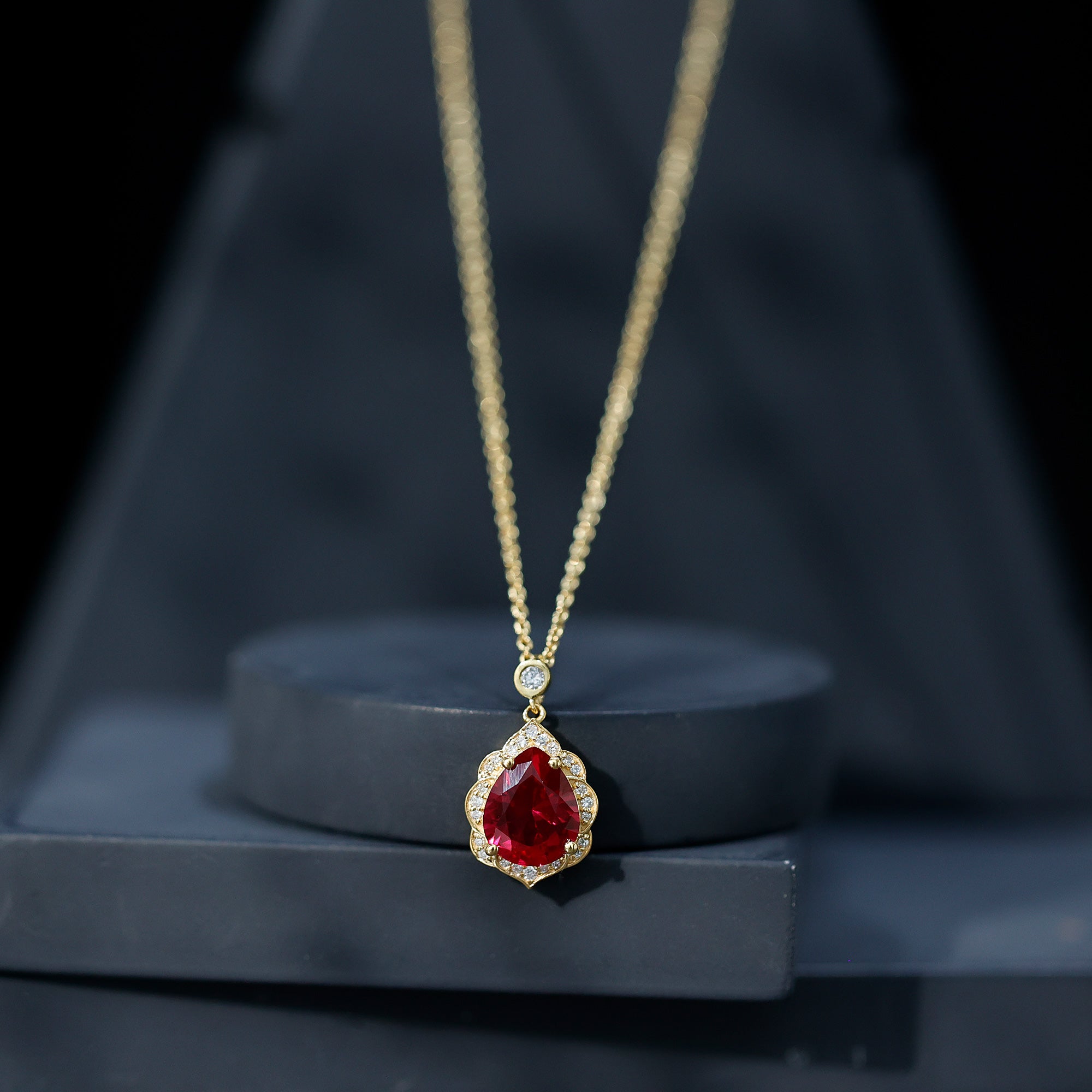 Certified Lab Grown Ruby Vintage Inspired Necklace with Diamond Halo AAAA - Rosec Jewels