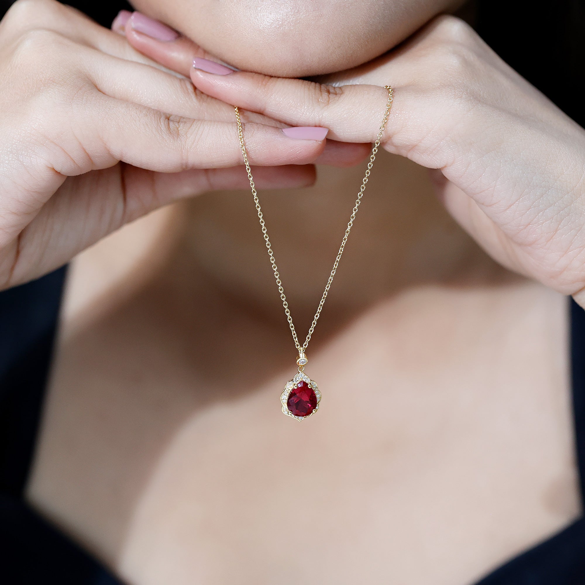Certified Lab Grown Ruby Vintage Inspired Necklace with Diamond Halo AAAA - Rosec Jewels