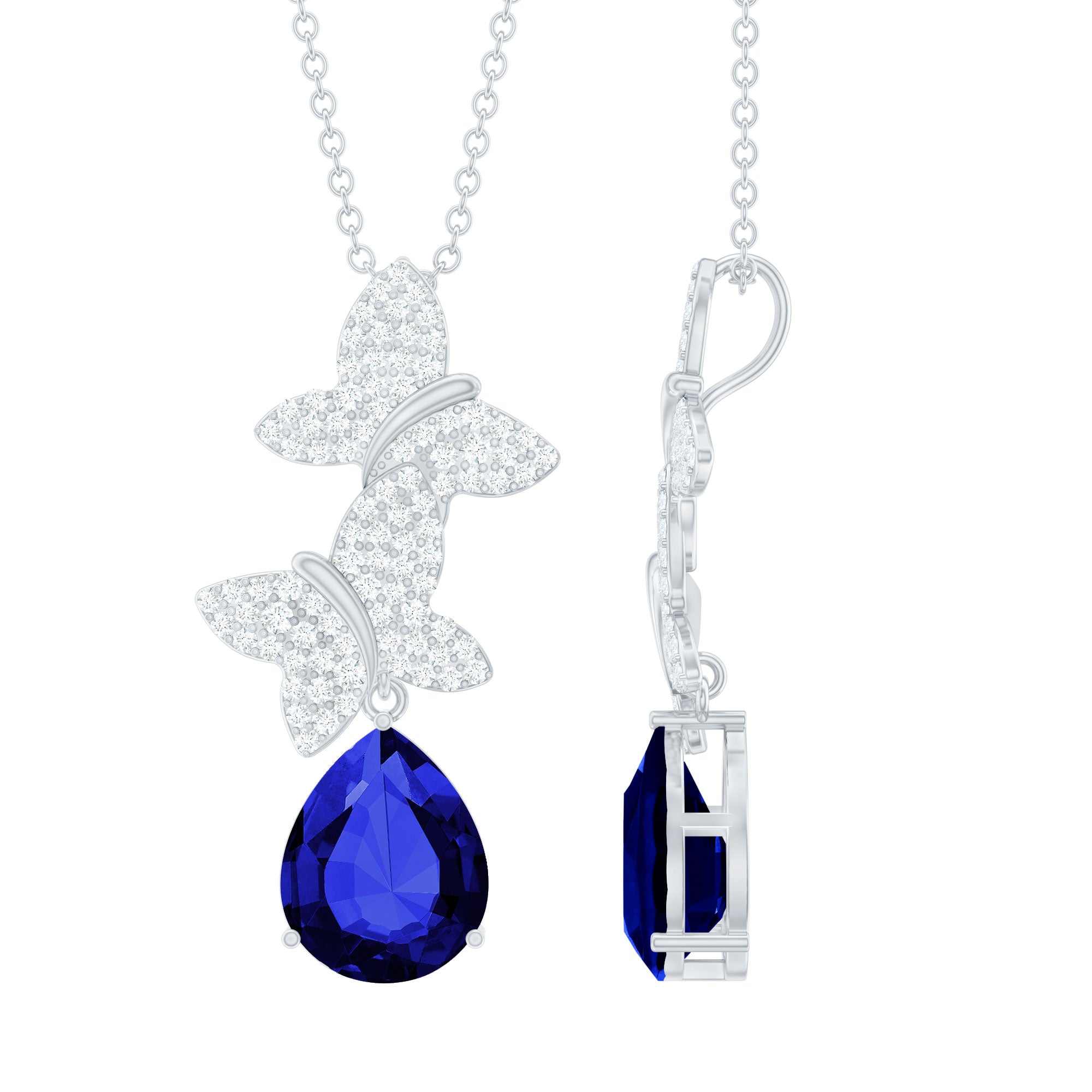 Lab Grown Blue Sapphire Butterflies Pendant Necklace with Diamond