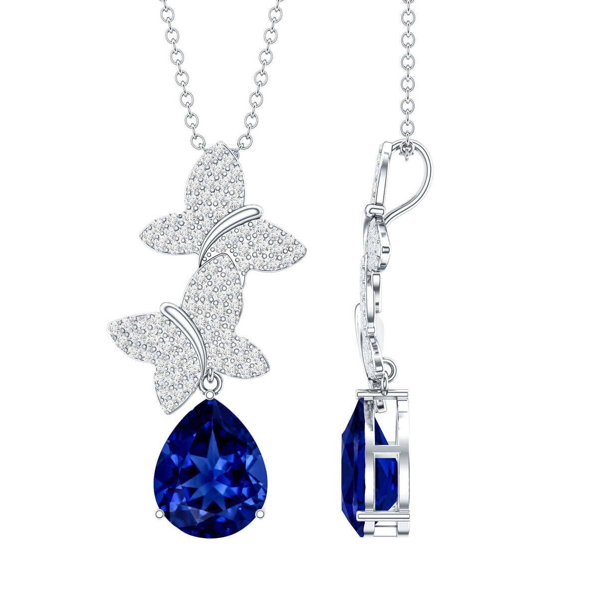 Lab Grown Blue Sapphire Butterflies Pendant Necklace with Diamond AAAA - Rosec Jewels