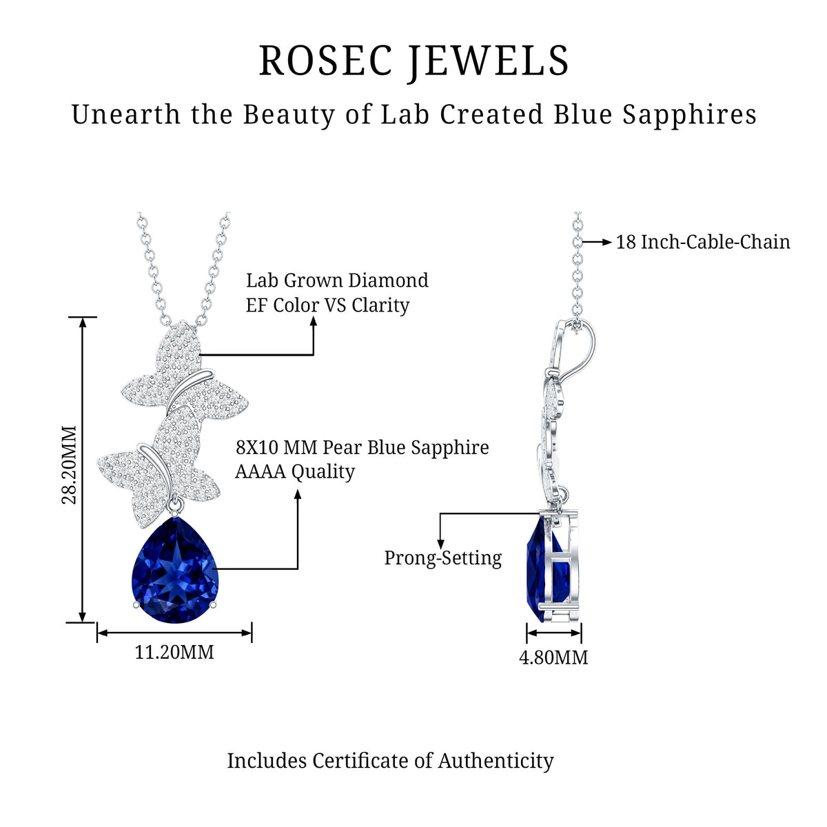 Lab Grown Blue Sapphire Butterflies Pendant Necklace with Diamond AAAA - Rosec Jewels