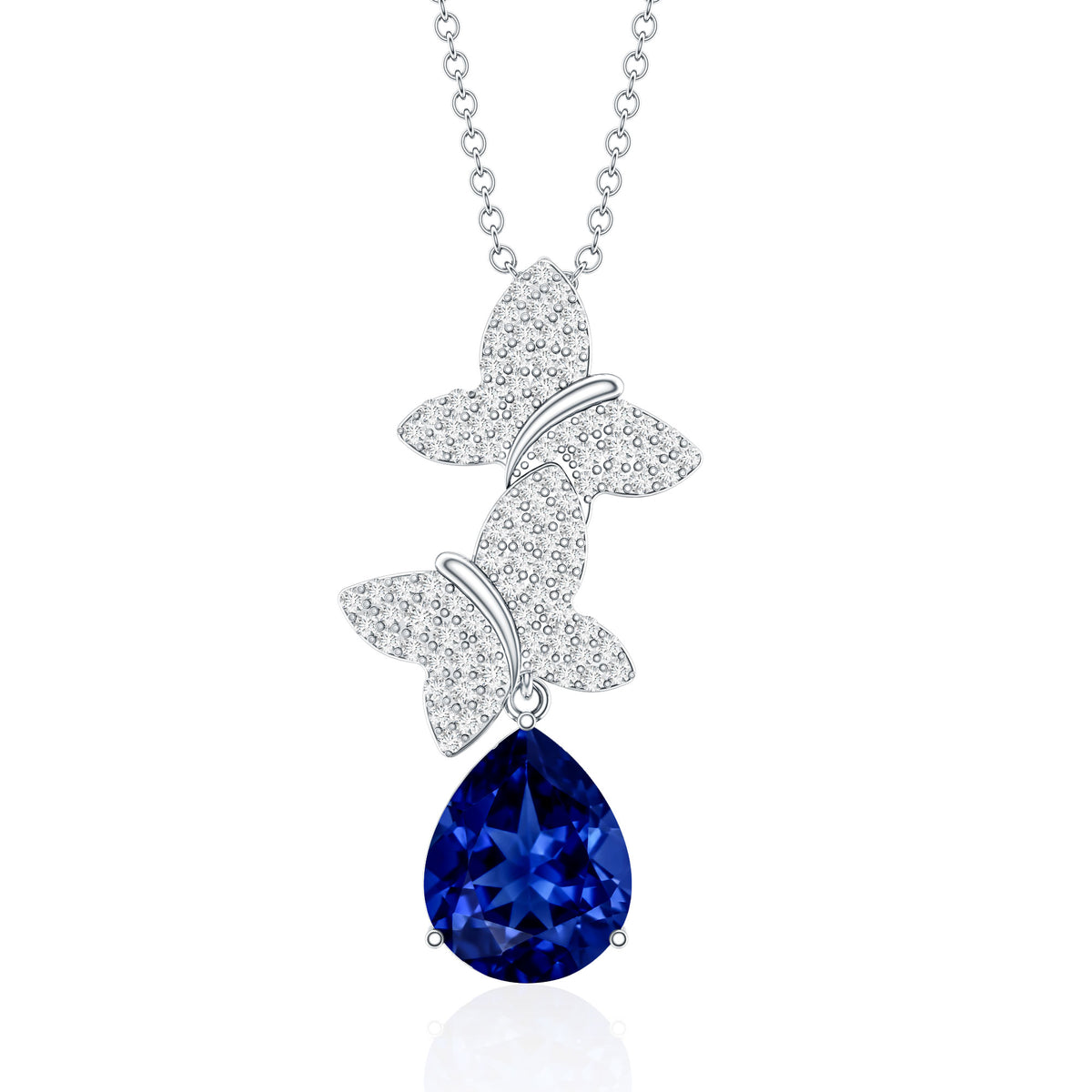 Lab Grown Blue Sapphire Butterflies Pendant Necklace with Diamond AAAA - Rosec Jewels