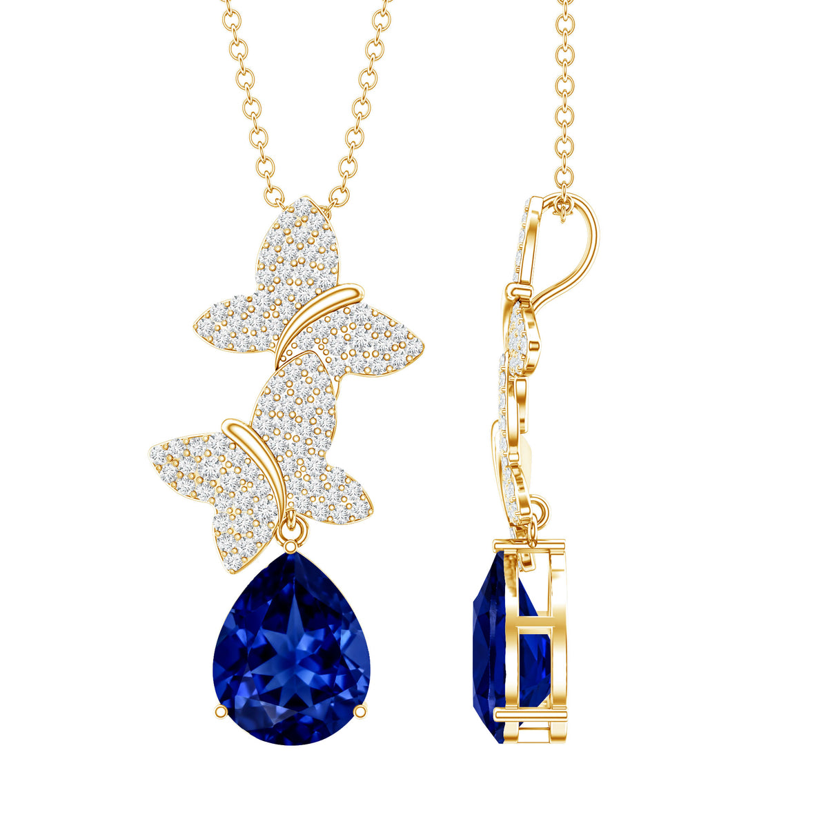 Lab Grown Blue Sapphire Butterflies Pendant Necklace with Diamond AAAA - Rosec Jewels