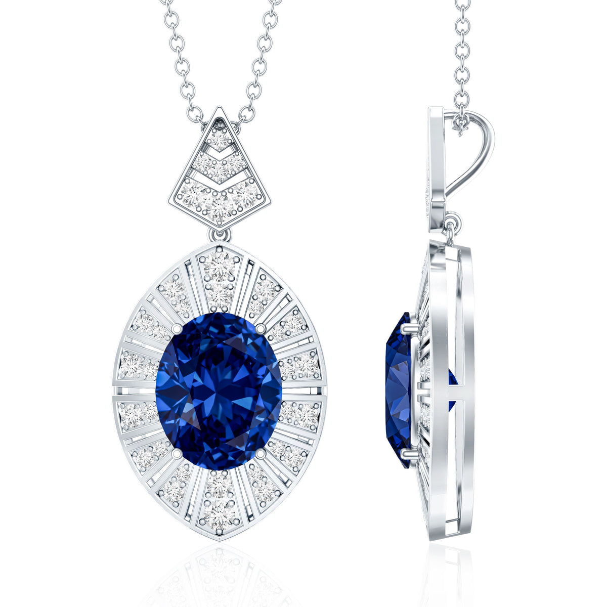Lab Grown Blue Sapphire Art Deco Necklace with Diamond Accent AAAA - Rosec Jewels