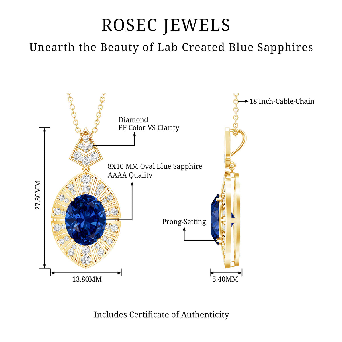 Lab Grown Blue Sapphire Art Deco Necklace with Diamond Accent AAAA - Rosec Jewels