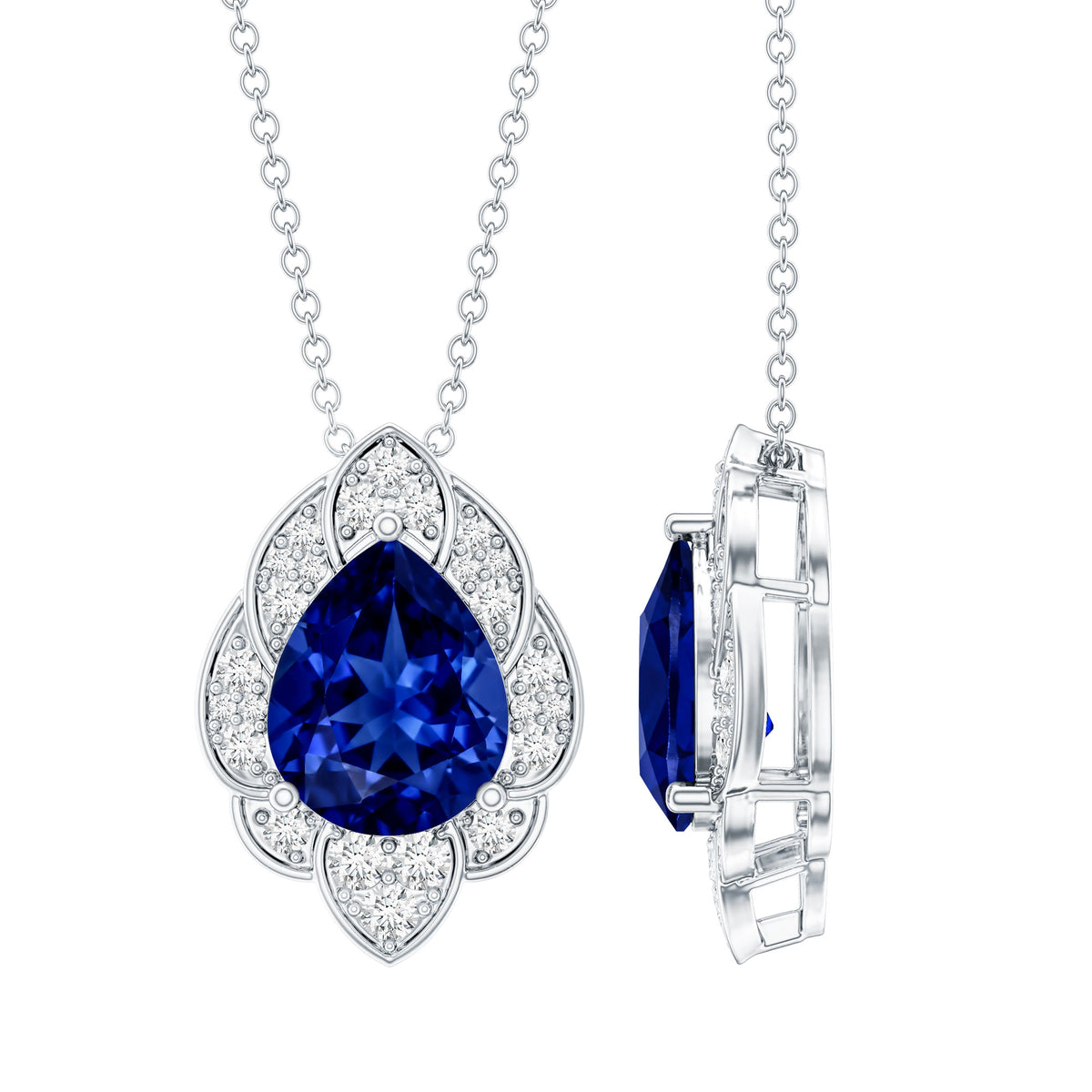 Certified Lab Grown Blue Sapphire Petal Necklace with Diamond AAAA - Rosec Jewels