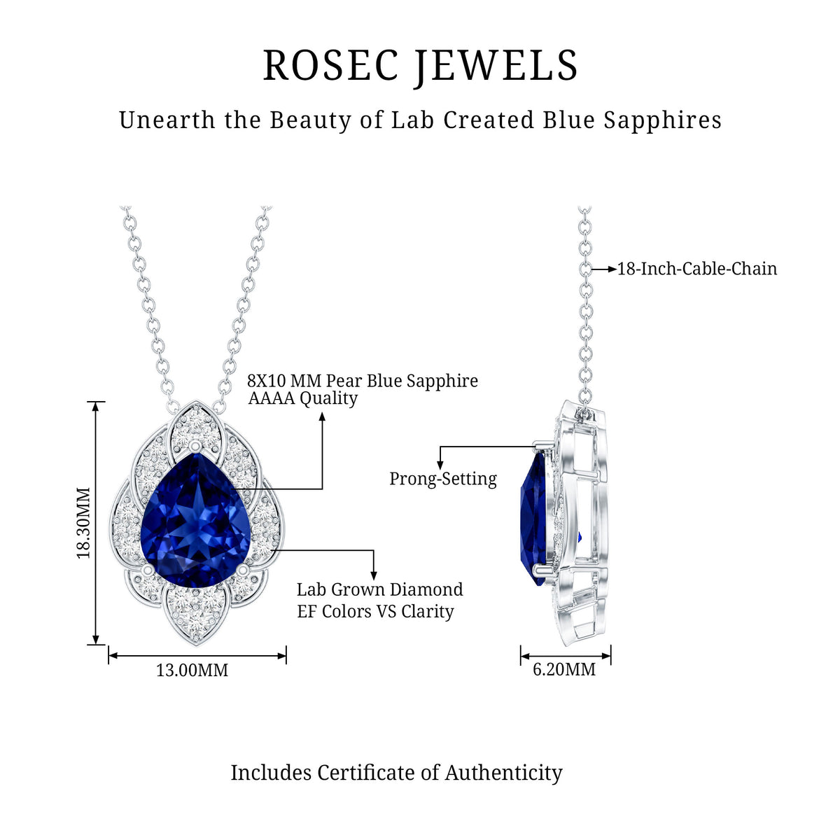 Certified Lab Grown Blue Sapphire Petal Necklace with Diamond AAAA - Rosec Jewels