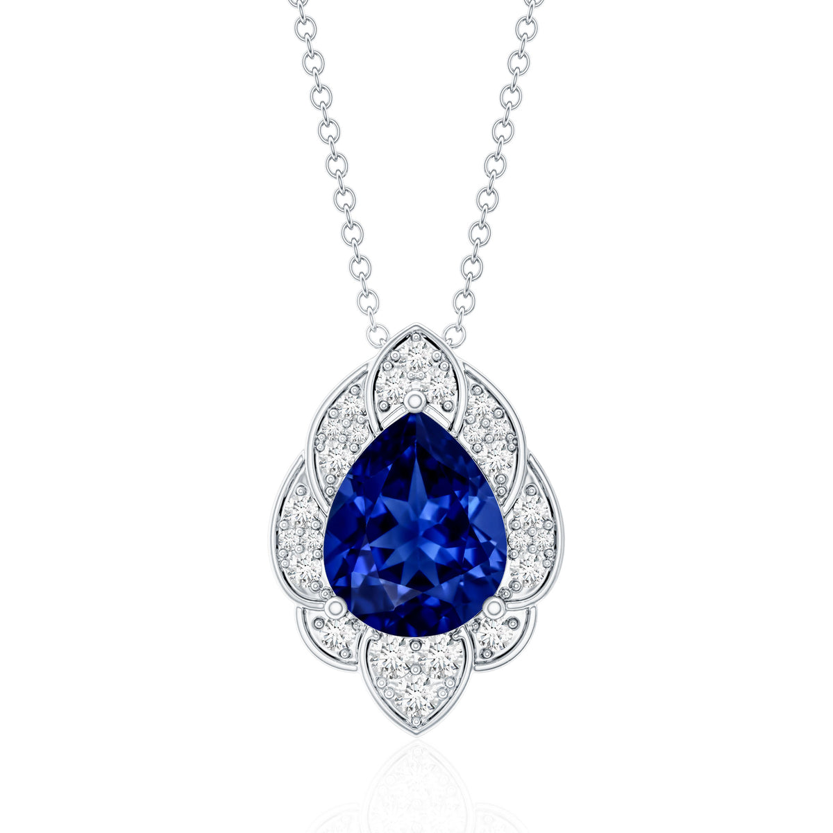 Certified Lab Grown Blue Sapphire Petal Necklace with Diamond AAAA - Rosec Jewels