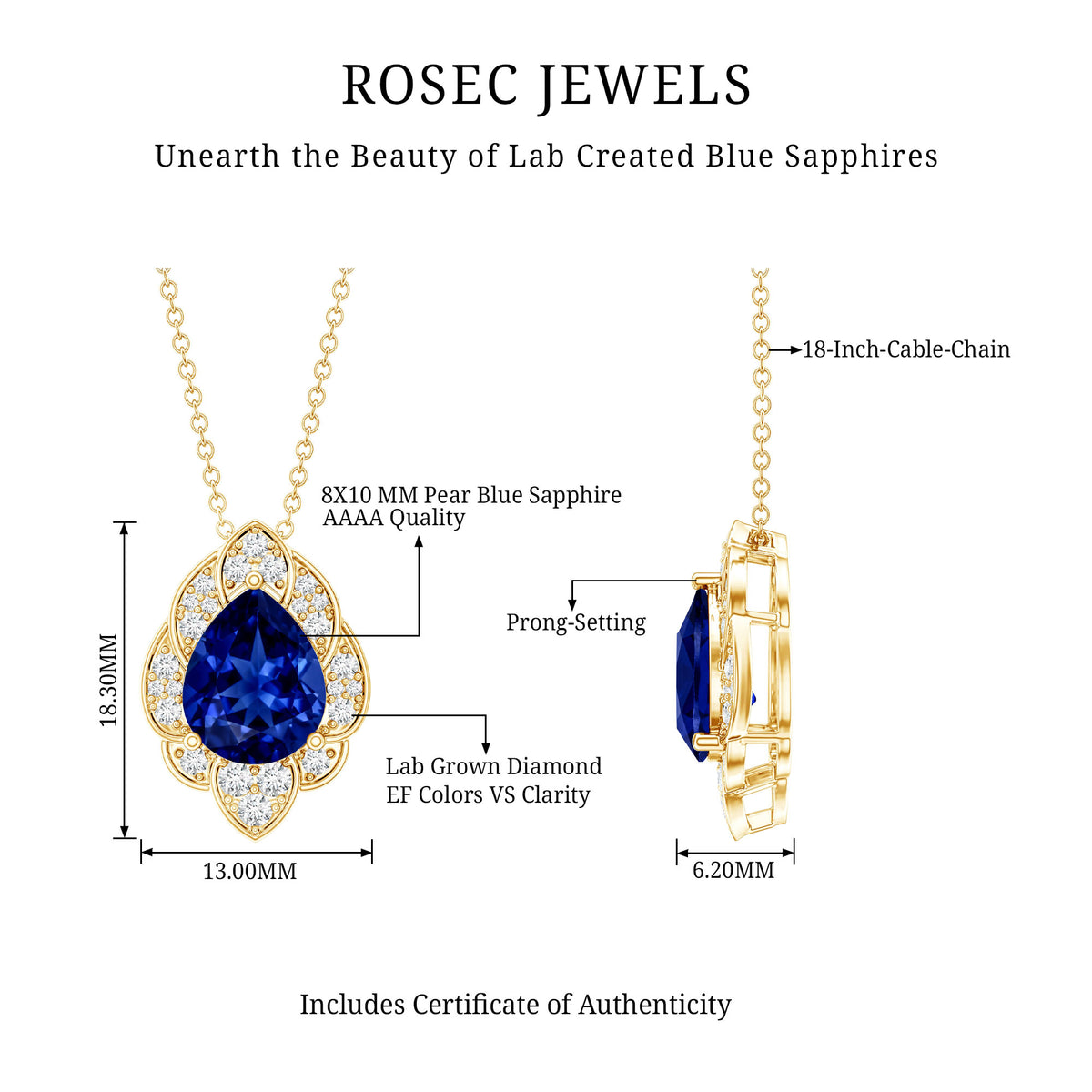 Certified Lab Grown Blue Sapphire Petal Necklace with Diamond AAAA - Rosec Jewels