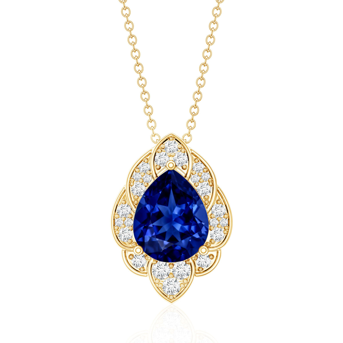 Certified Lab Grown Blue Sapphire Petal Necklace with Diamond AAAA - Rosec Jewels