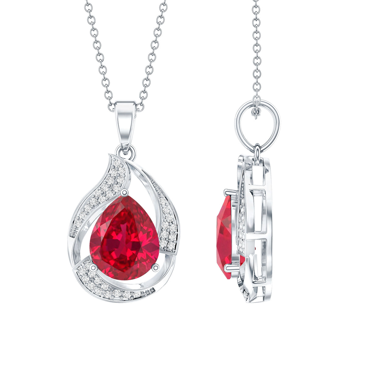 Designer Lab Created Ruby Teardrop Pendant Necklace with Diamond AAAA - Rosec Jewels