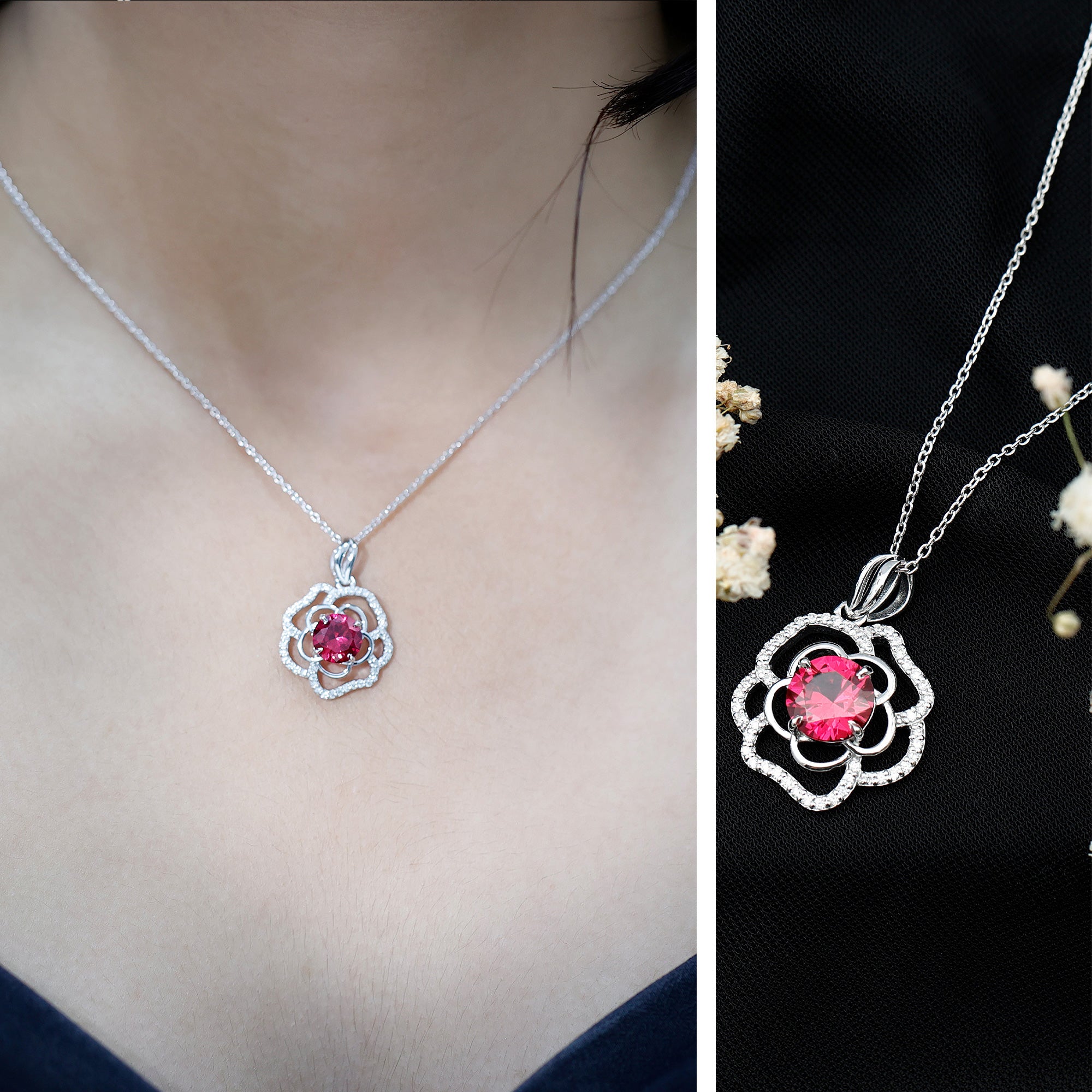 Certified Lab Grown Ruby Rose Pendant Necklace with Diamond Accent AAAA - Rosec Jewels