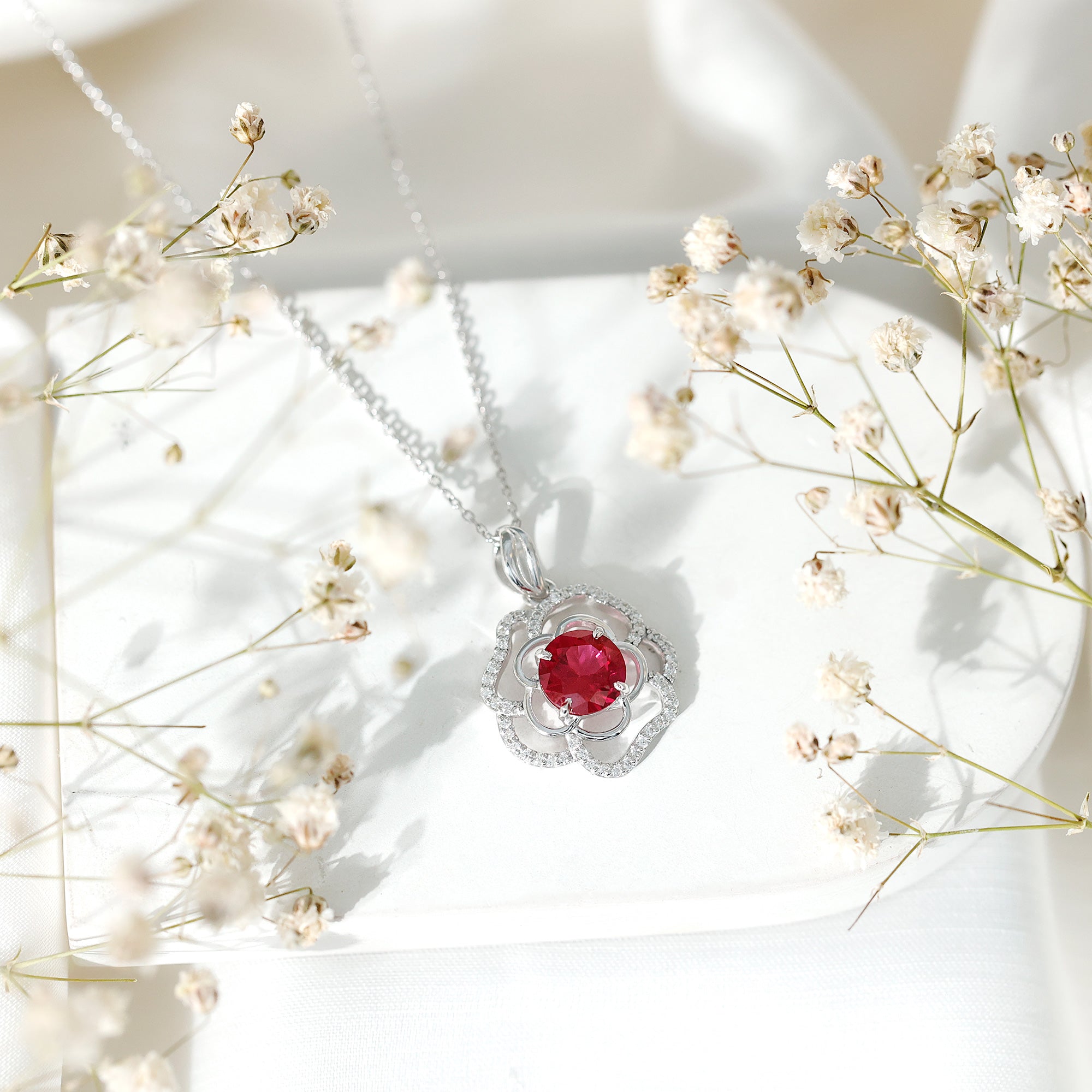 Certified Lab Grown Ruby Rose Pendant Necklace with Diamond Accent AAAA - Rosec Jewels