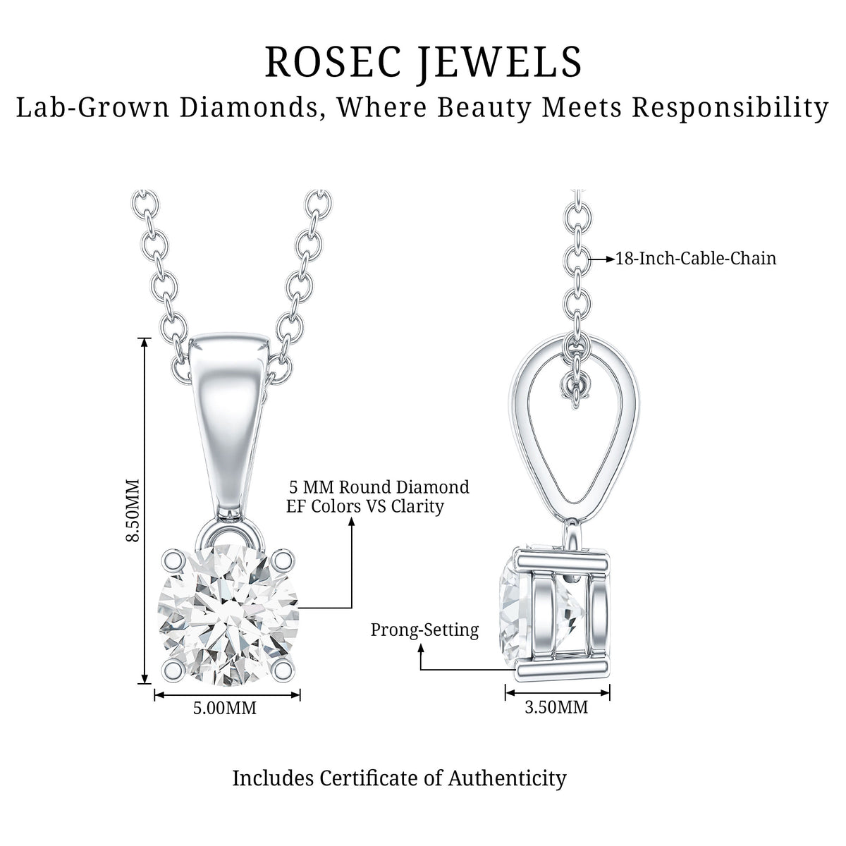 Round 0.4 Carat Brilliant Cut Lab Diamond Solitaire Necklace for Women Lab - ( EF-VS ) - Rosec Jewels