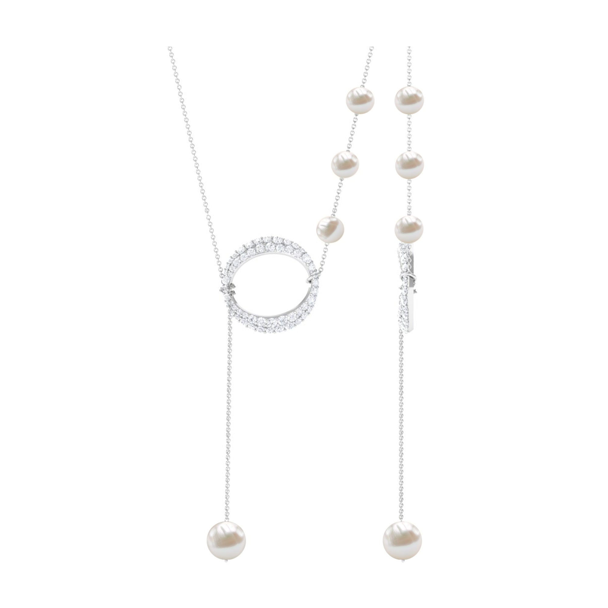 White Freshwater Pearl and Diamond Lariat Eternity Necklace