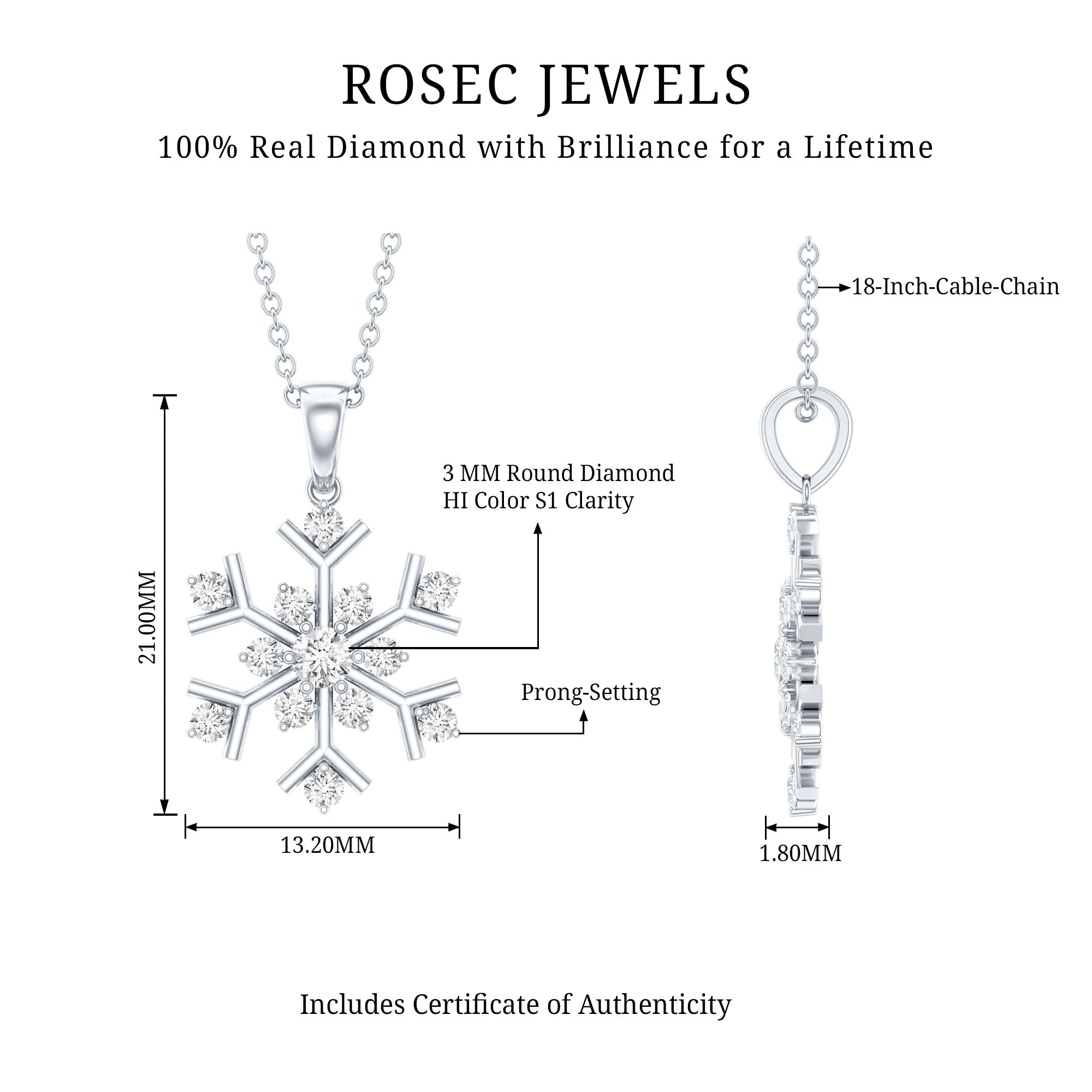 Certified Natural Diamond Christmas Necklace With Chain Natural - ( HI-SI ) - Rosec Jewels