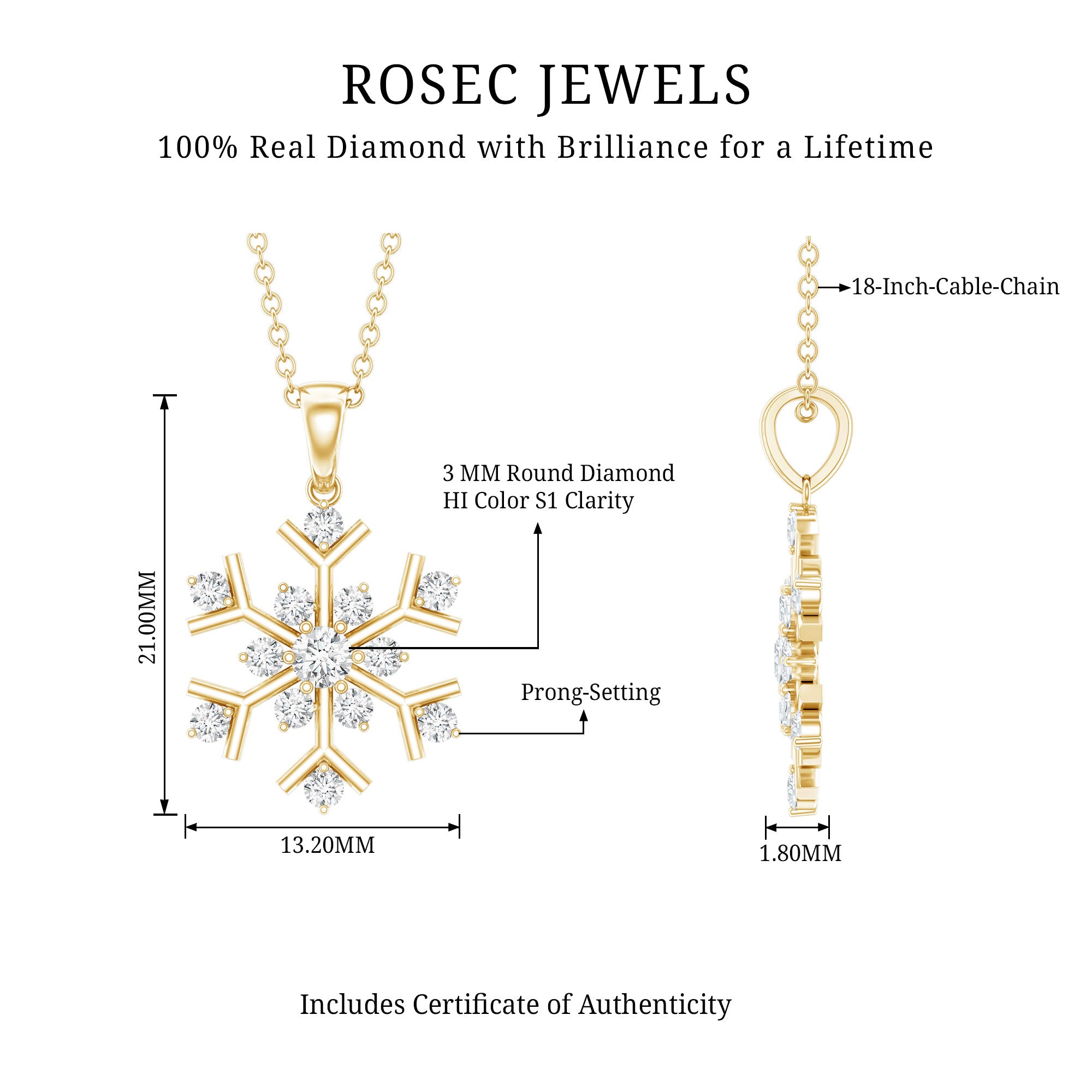 Certified Natural Diamond Christmas Necklace With Chain Natural - ( HI-SI ) - Rosec Jewels