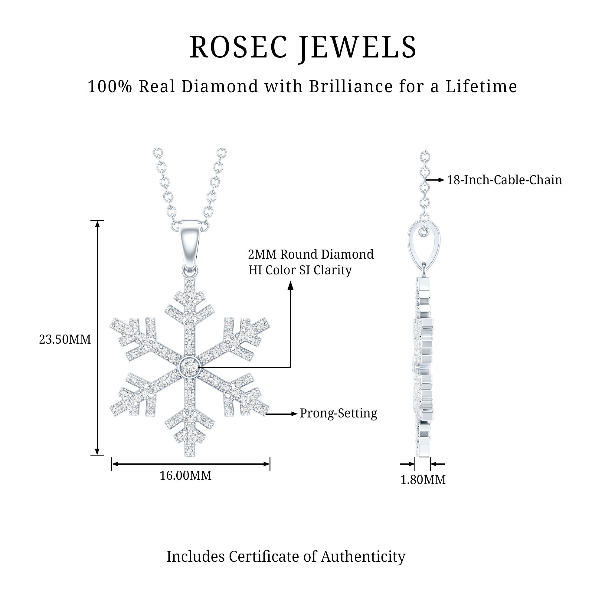 Genuine Diamond Snowflake Pendant for Women Natural - ( HI-SI ) - Rosec Jewels