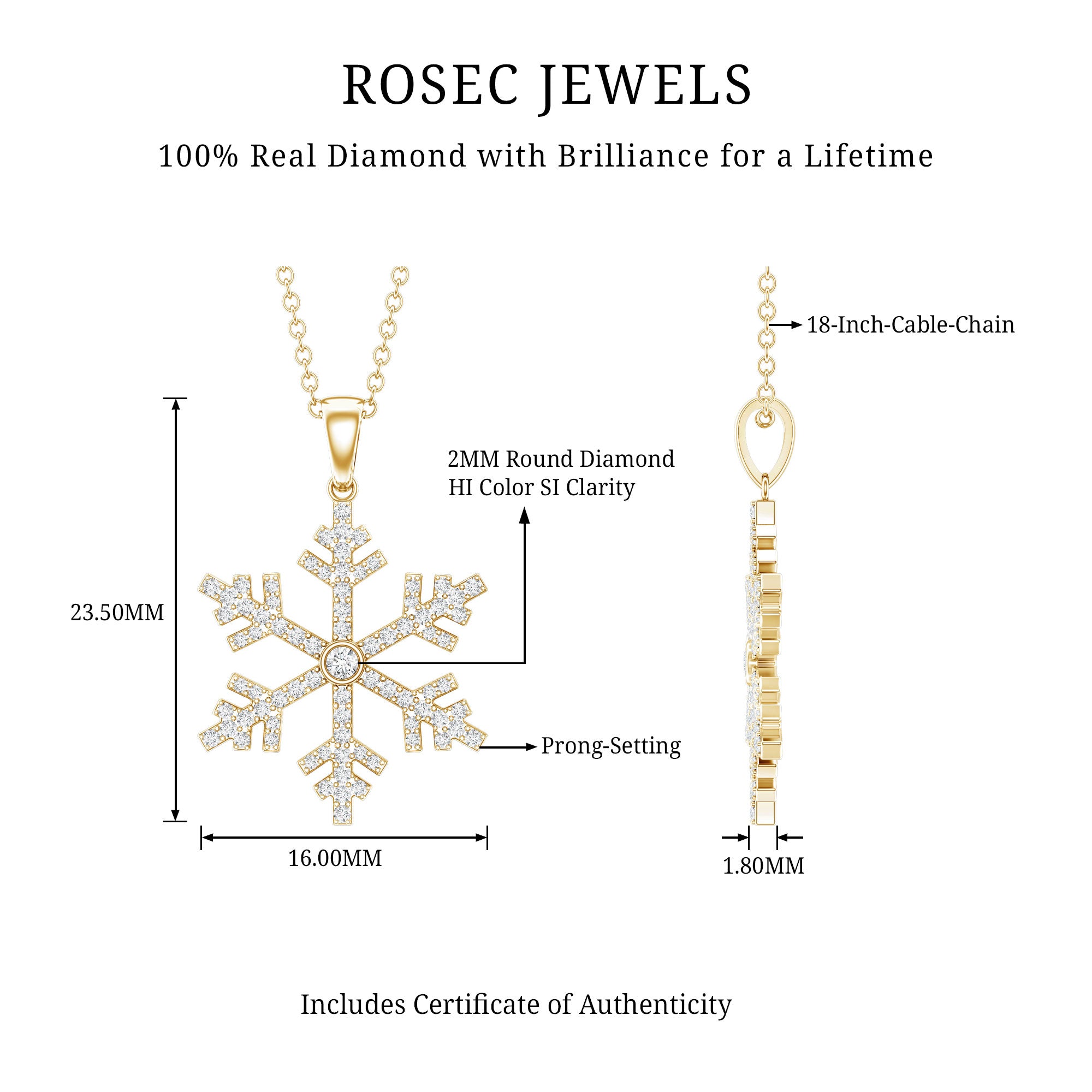 Genuine Diamond Snowflake Pendant for Women Natural - ( HI-SI ) - Rosec Jewels