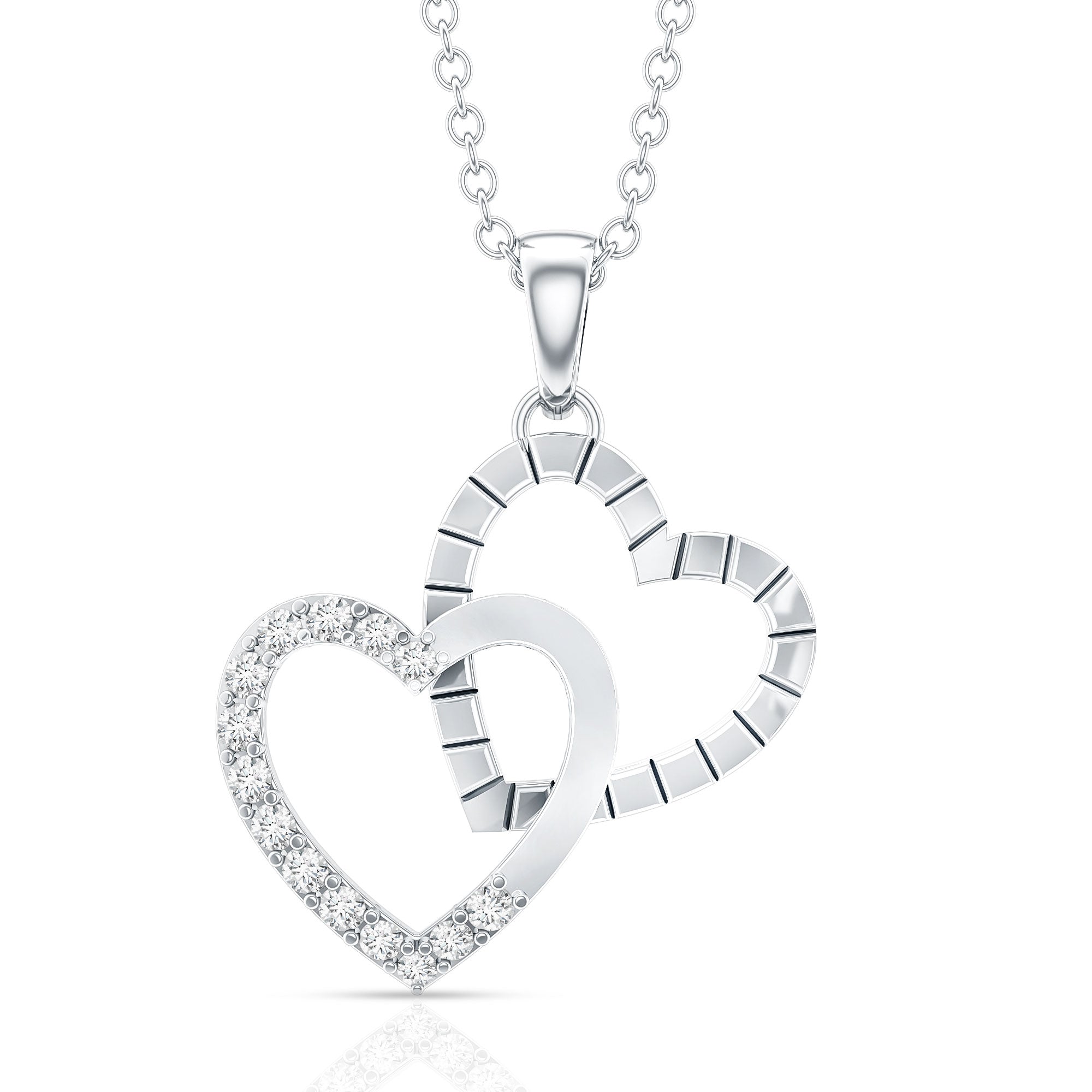 Pave Set Diamond Double Heart Necklace Natural - ( HI-SI ) - Rosec Jewels