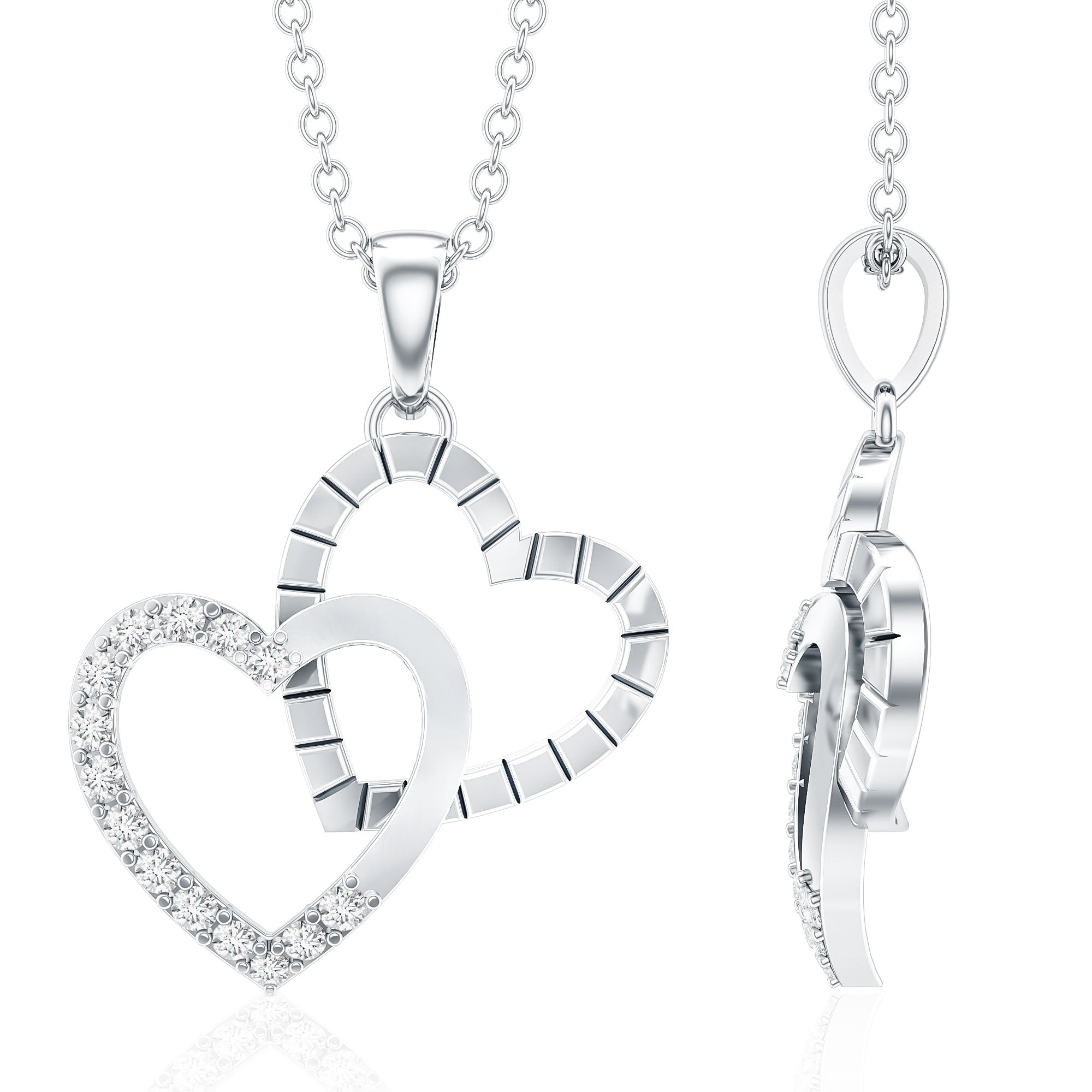 Pave Set Diamond Double Heart Necklace Natural - ( HI-SI ) - Rosec Jewels