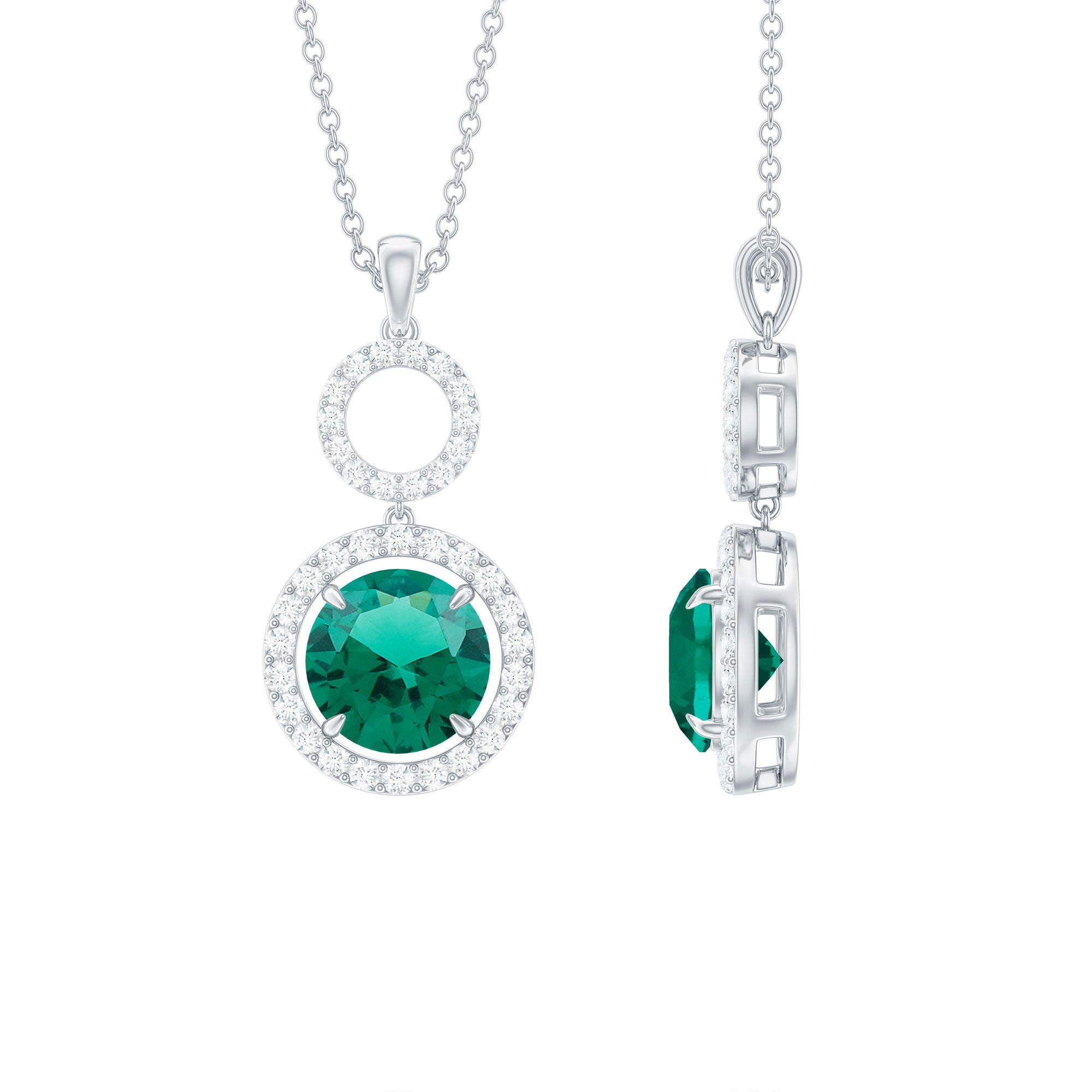 2.75 CT Certified Lab Created Emerald Silver Dangle Necklace with Zircon