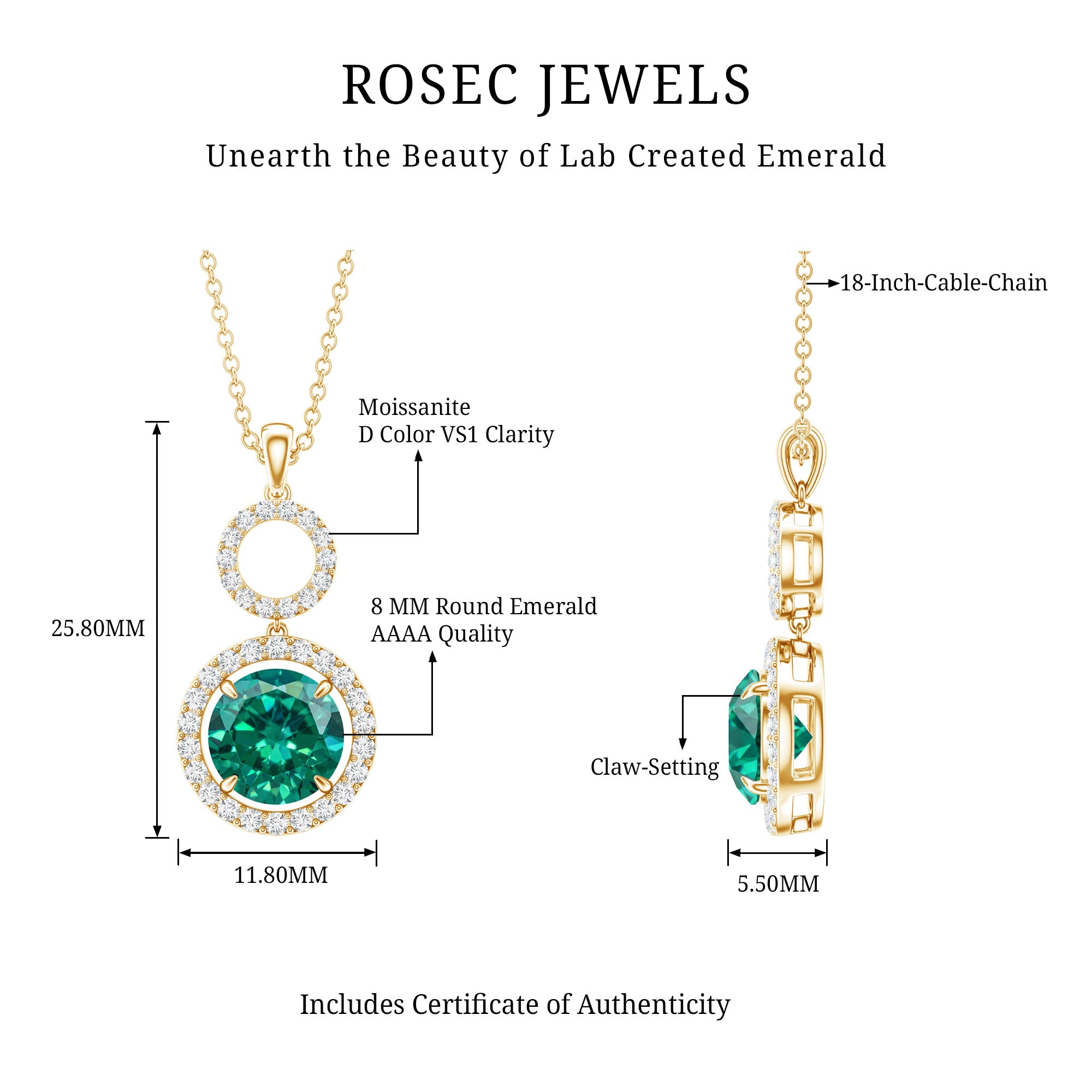 Certified Lab Created Emerald Wedding Necklace with Chain AAAA - Rosec Jewels