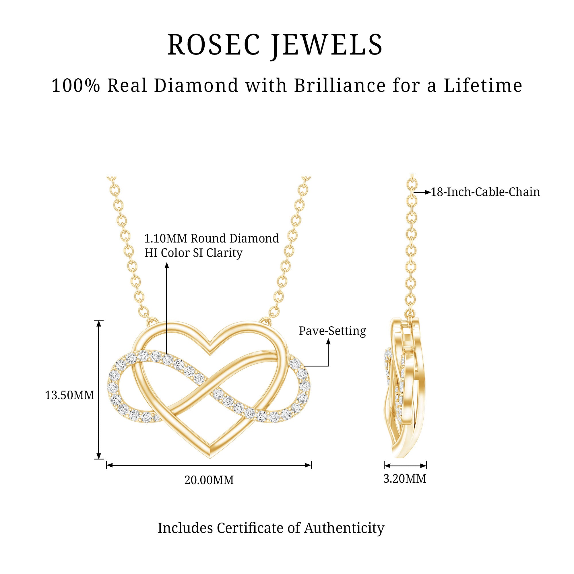 Certified Diamond Infinity Heart Necklace Natural - ( HI-SI ) - Rosec Jewels