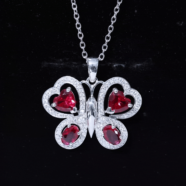 Certified Created Ruby Butterfly Pendant Necklace with Moissanite AAAA - Rosec Jewels