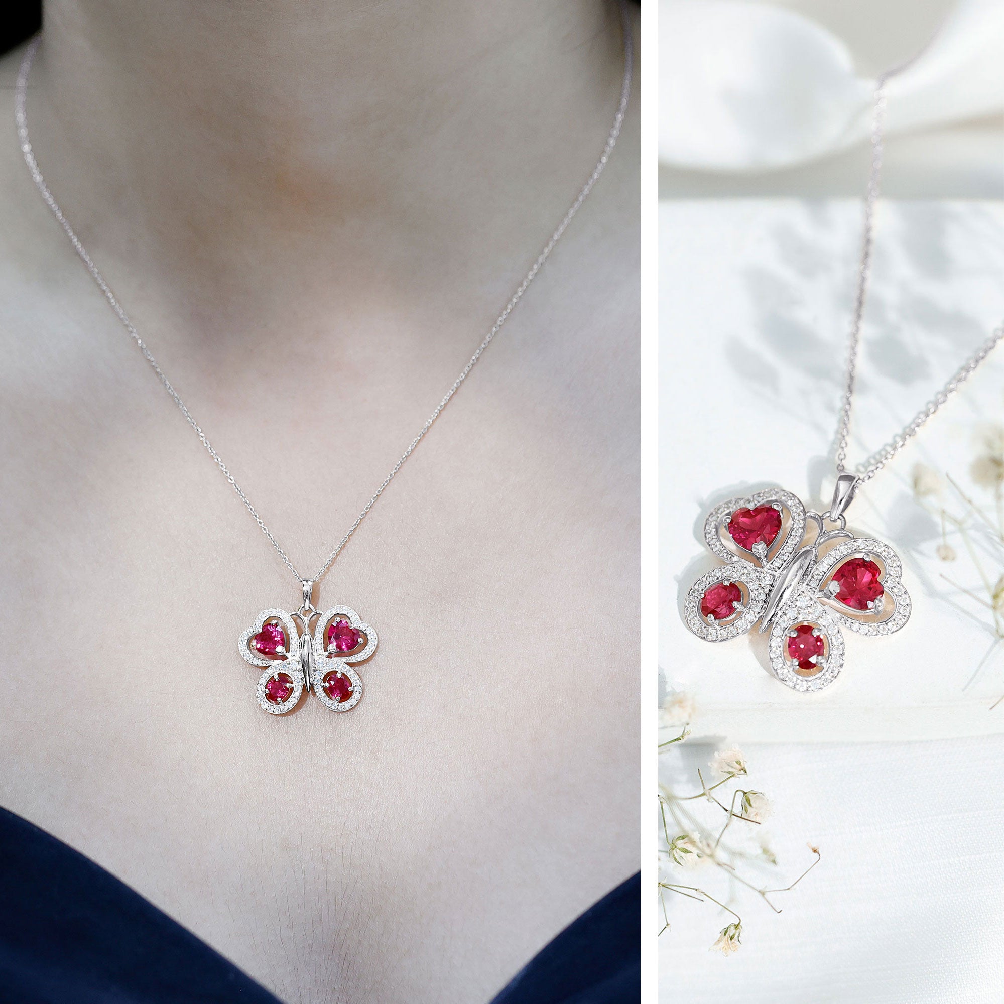 Certified Created Ruby Butterfly Pendant Necklace with Moissanite AAAA - Rosec Jewels