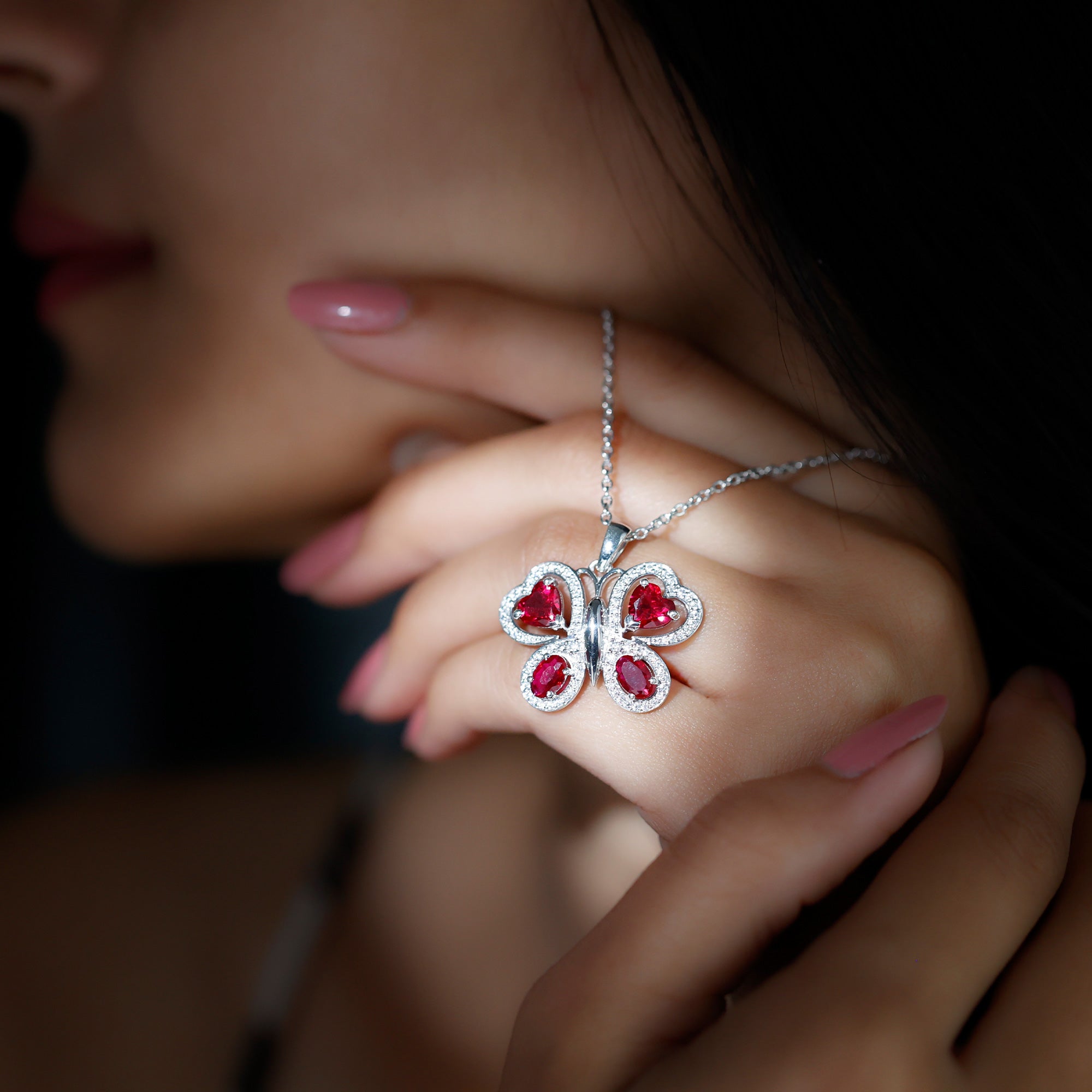 Certified Created Ruby Butterfly Pendant Necklace with Moissanite AAAA - Rosec Jewels