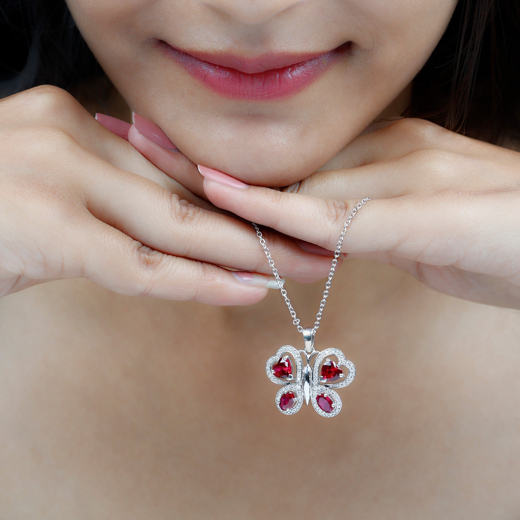 Certified Created Ruby Butterfly Pendant Necklace with Moissanite AAAA - Rosec Jewels