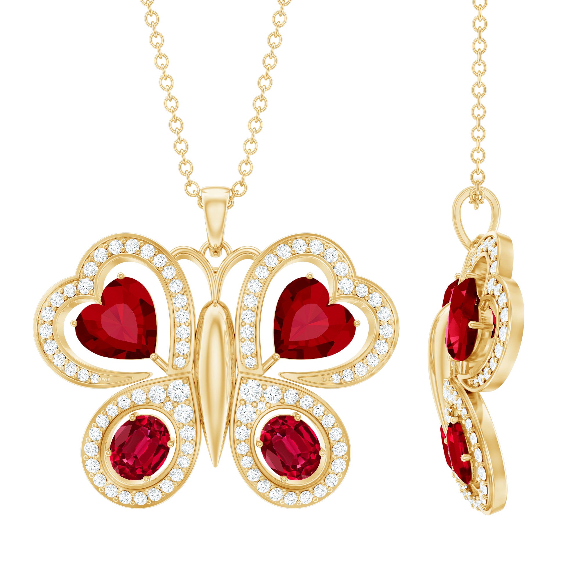 Certified Created Ruby Butterfly Pendant Necklace with Moissanite AAAA - Rosec Jewels