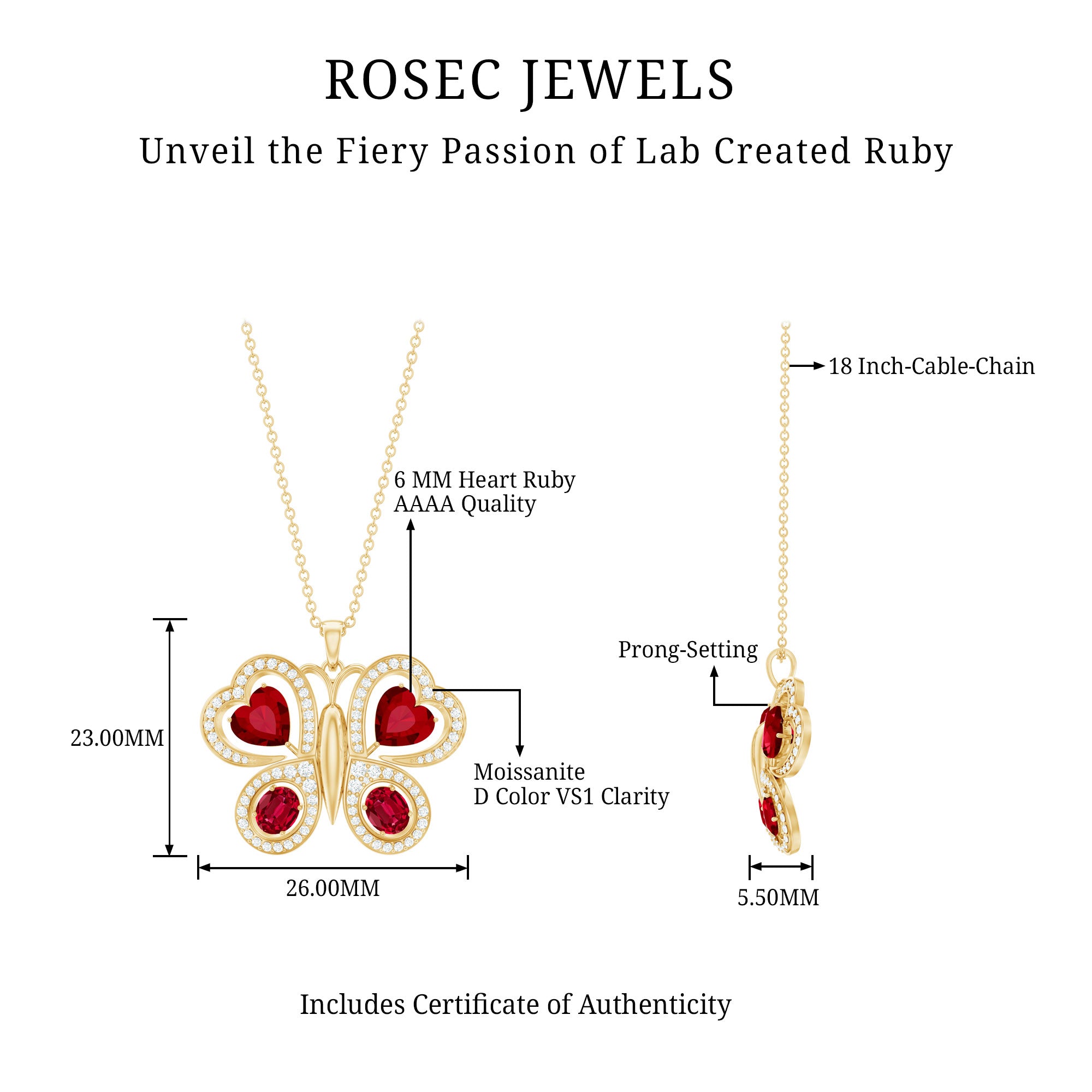 Certified Created Ruby Butterfly Pendant Necklace with Moissanite AAAA - Rosec Jewels