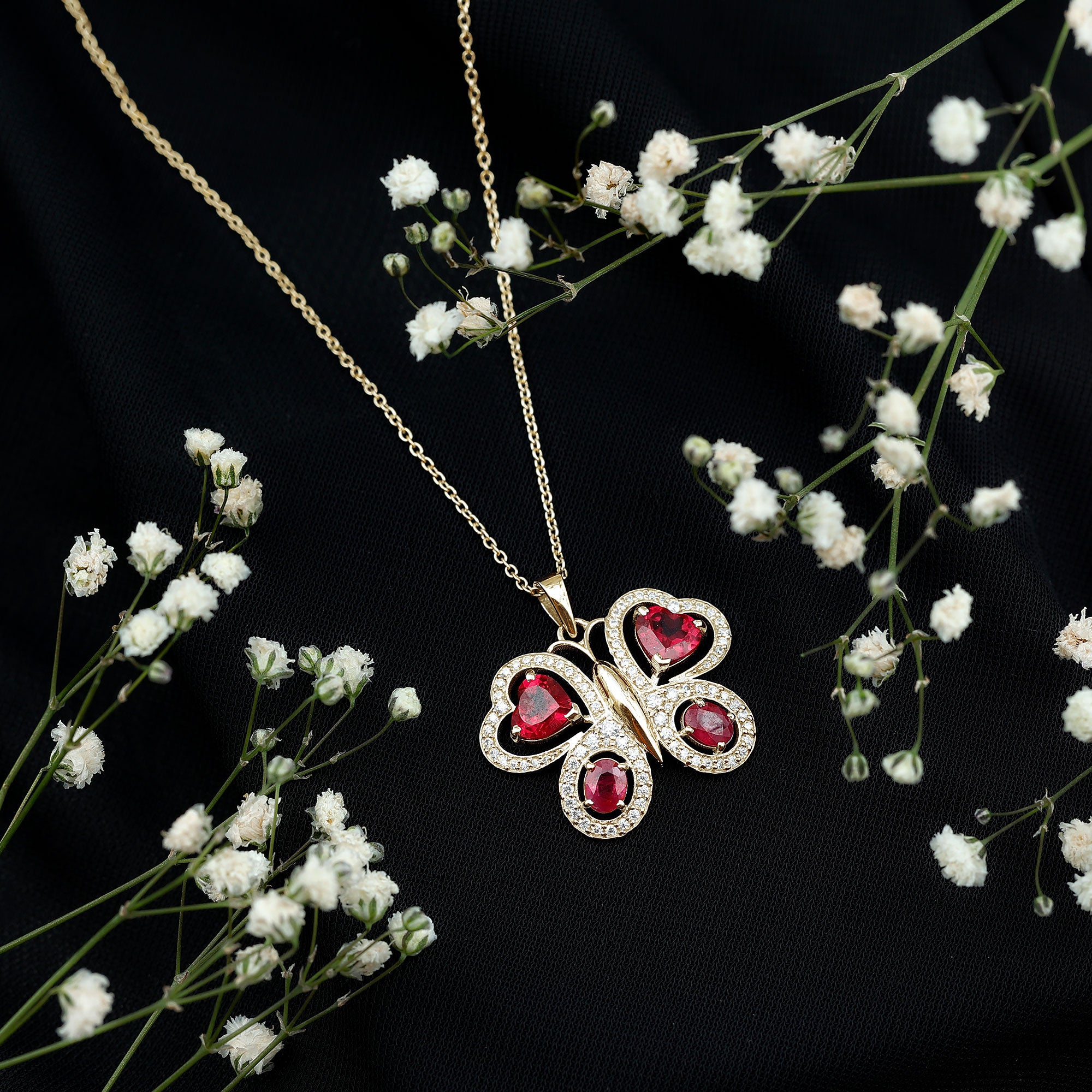 Certified Created Ruby Butterfly Pendant Necklace with Moissanite AAAA - Rosec Jewels