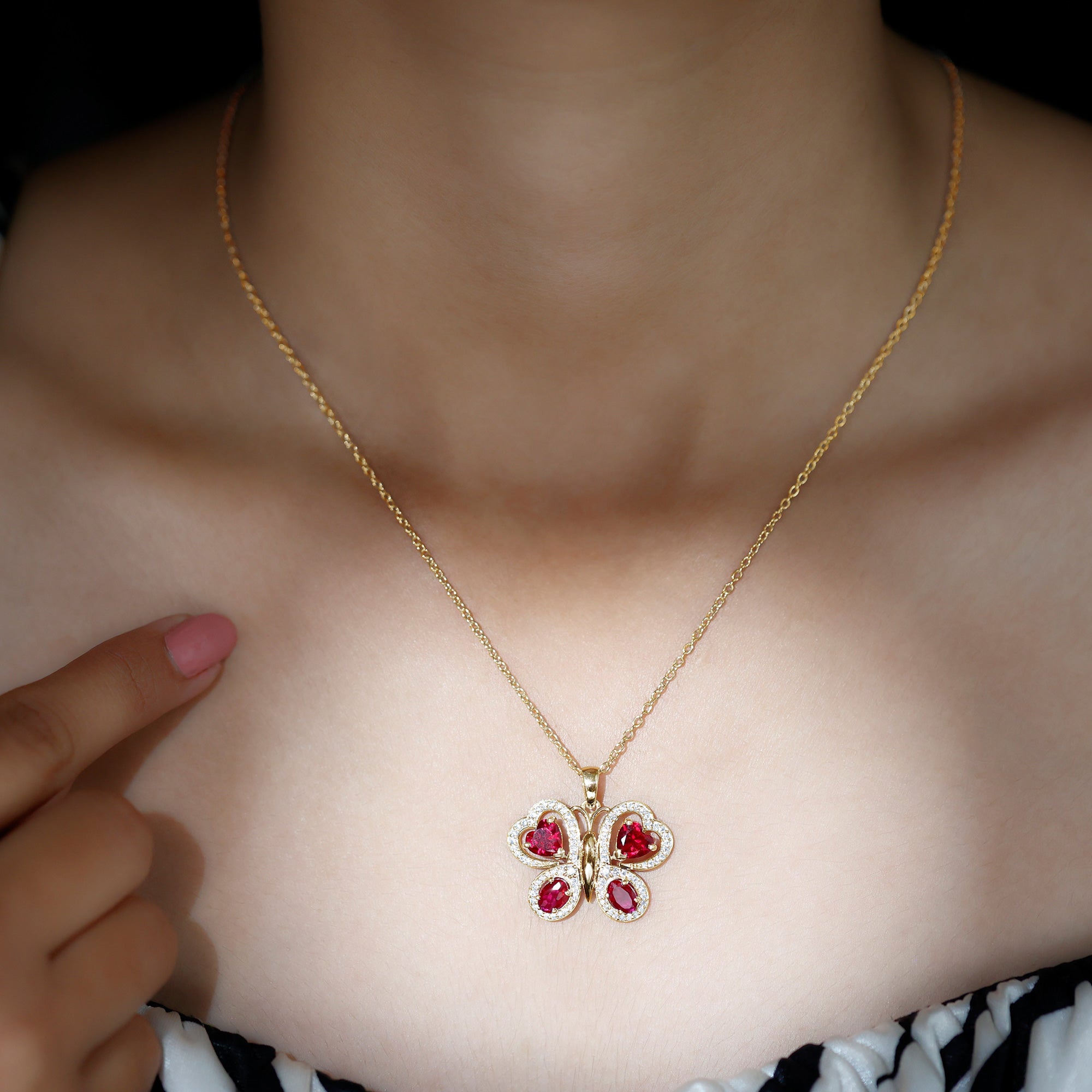 Certified Created Ruby Butterfly Pendant Necklace with Moissanite AAAA - Rosec Jewels