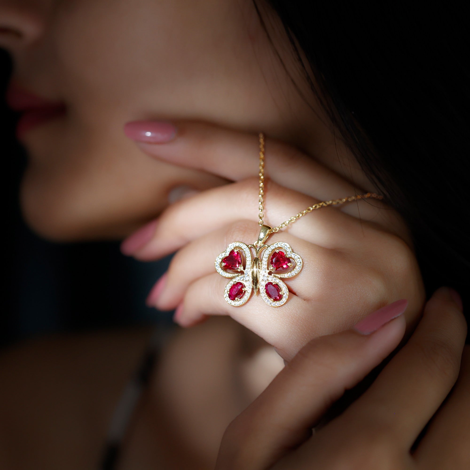 Certified Created Ruby Butterfly Pendant Necklace with Moissanite AAAA - Rosec Jewels