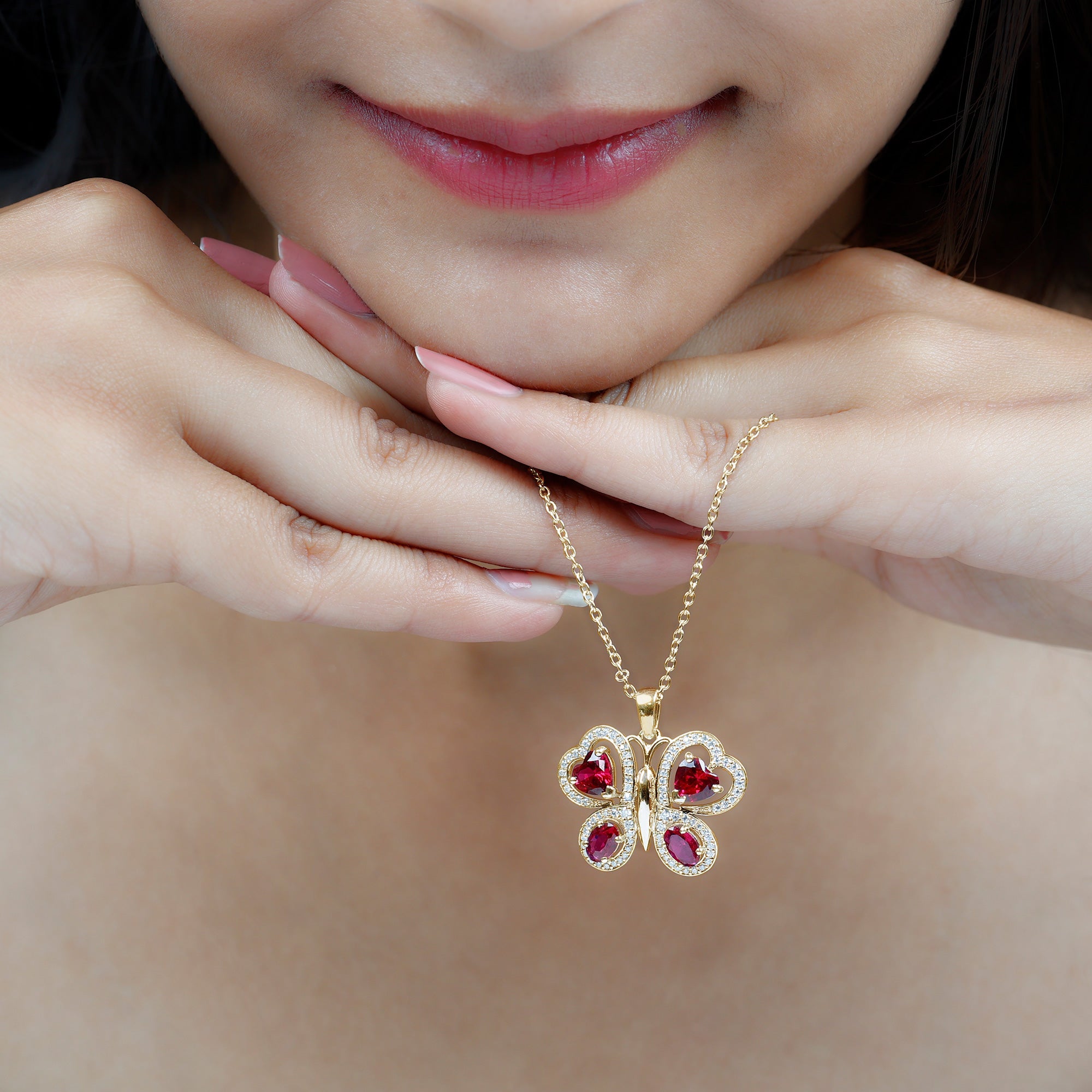 Certified Created Ruby Butterfly Pendant Necklace with Moissanite AAAA - Rosec Jewels