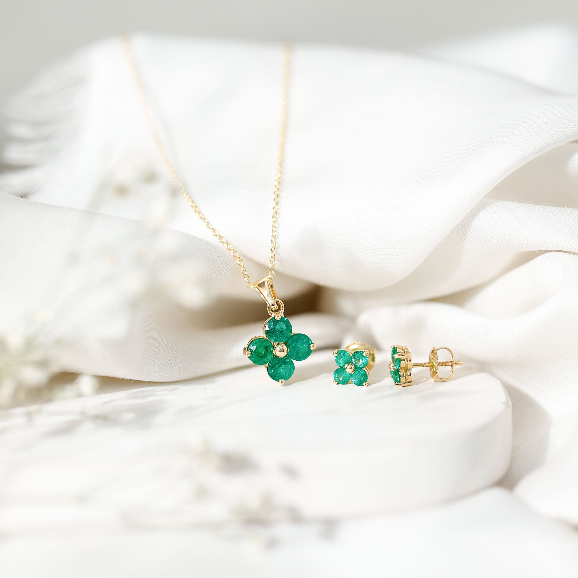 Natural Emerald Clover Jewelry Set for Women AAA - Rosec Jewels