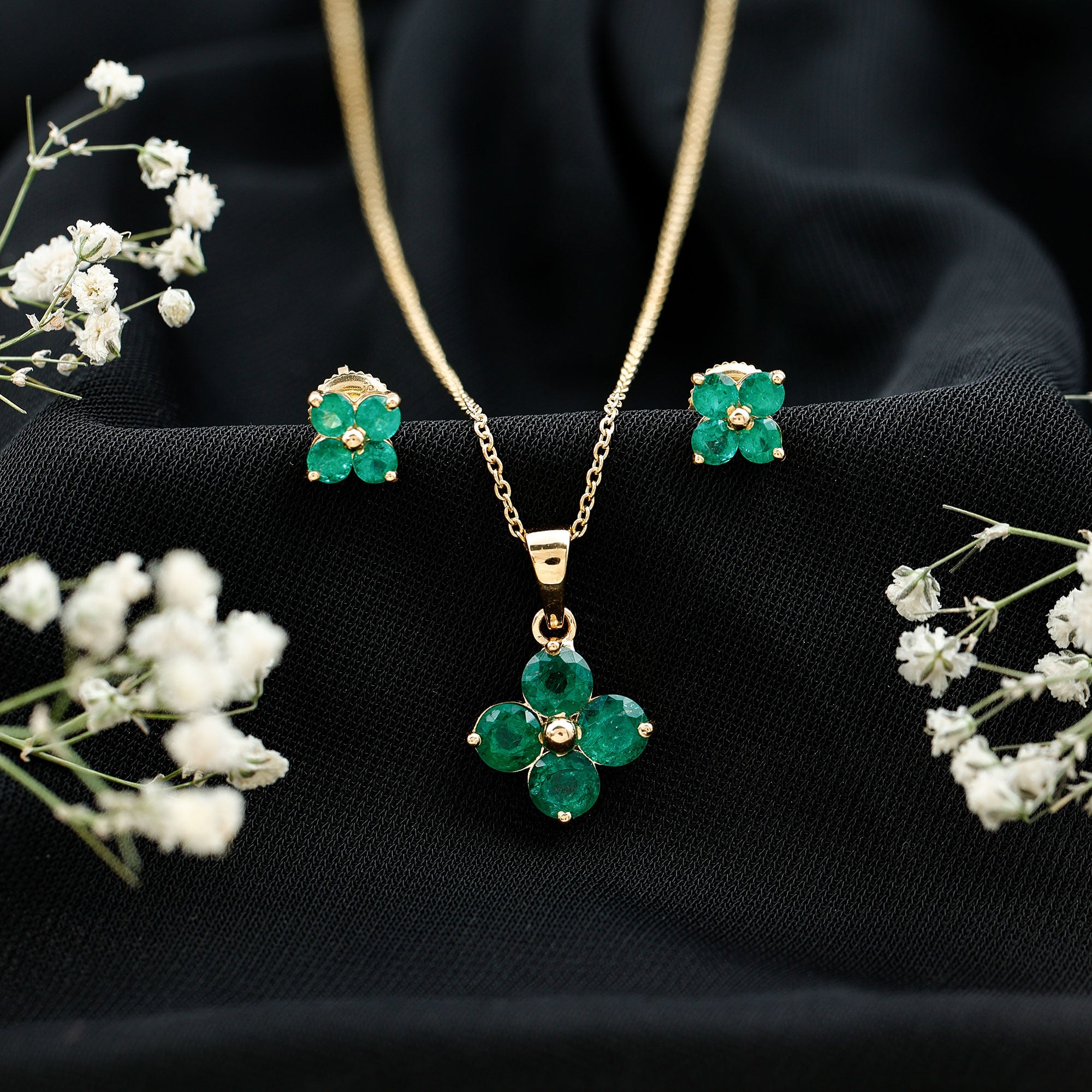 Natural Emerald Clover Jewelry Set for Women AAA - Rosec Jewels