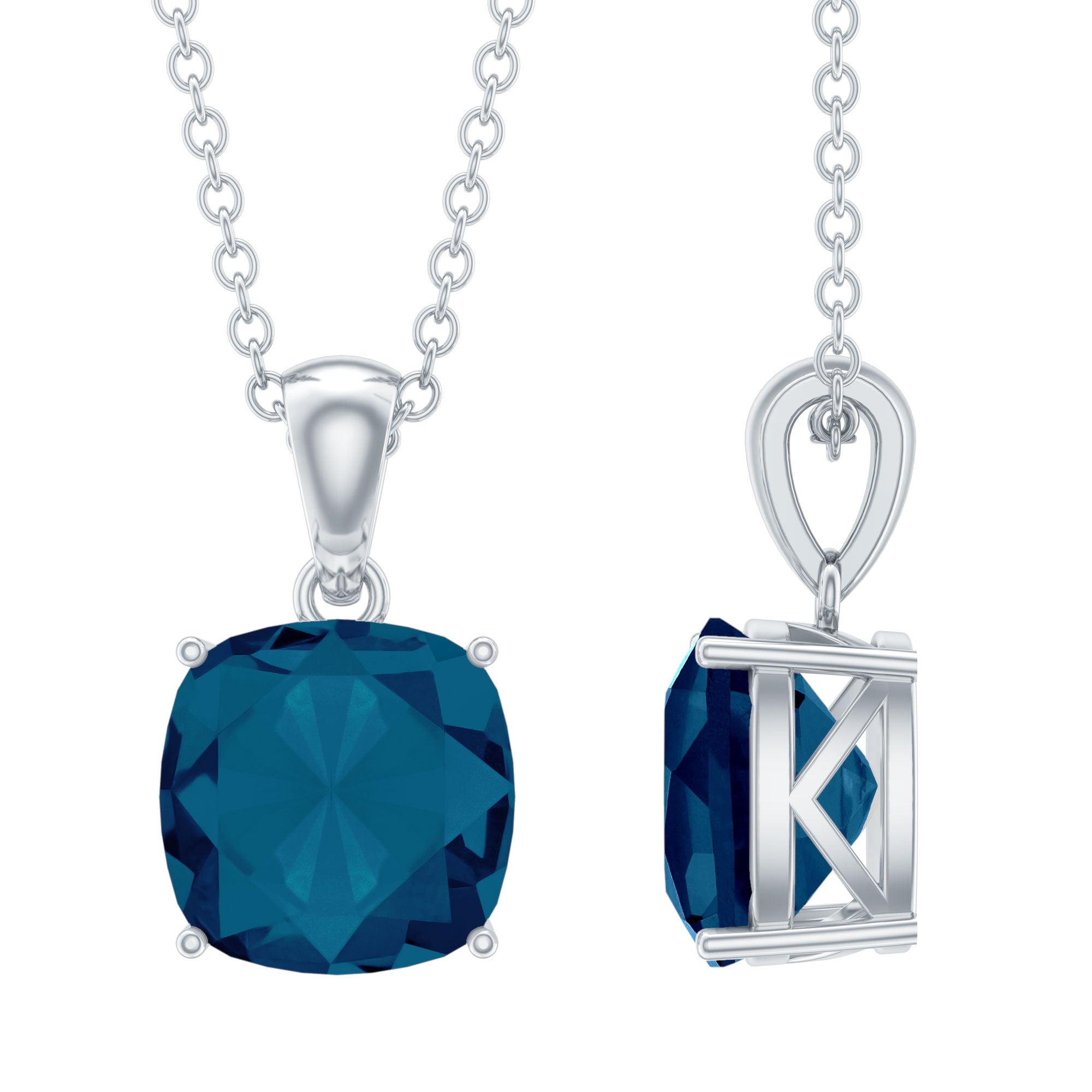 2 CT Cushion Cut London Blue Topaz Solitaire Pendant