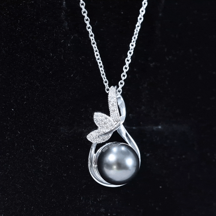 10MM Black Pearl and Diamond Bridal Pendant Necklace AAA - Rosec Jewels