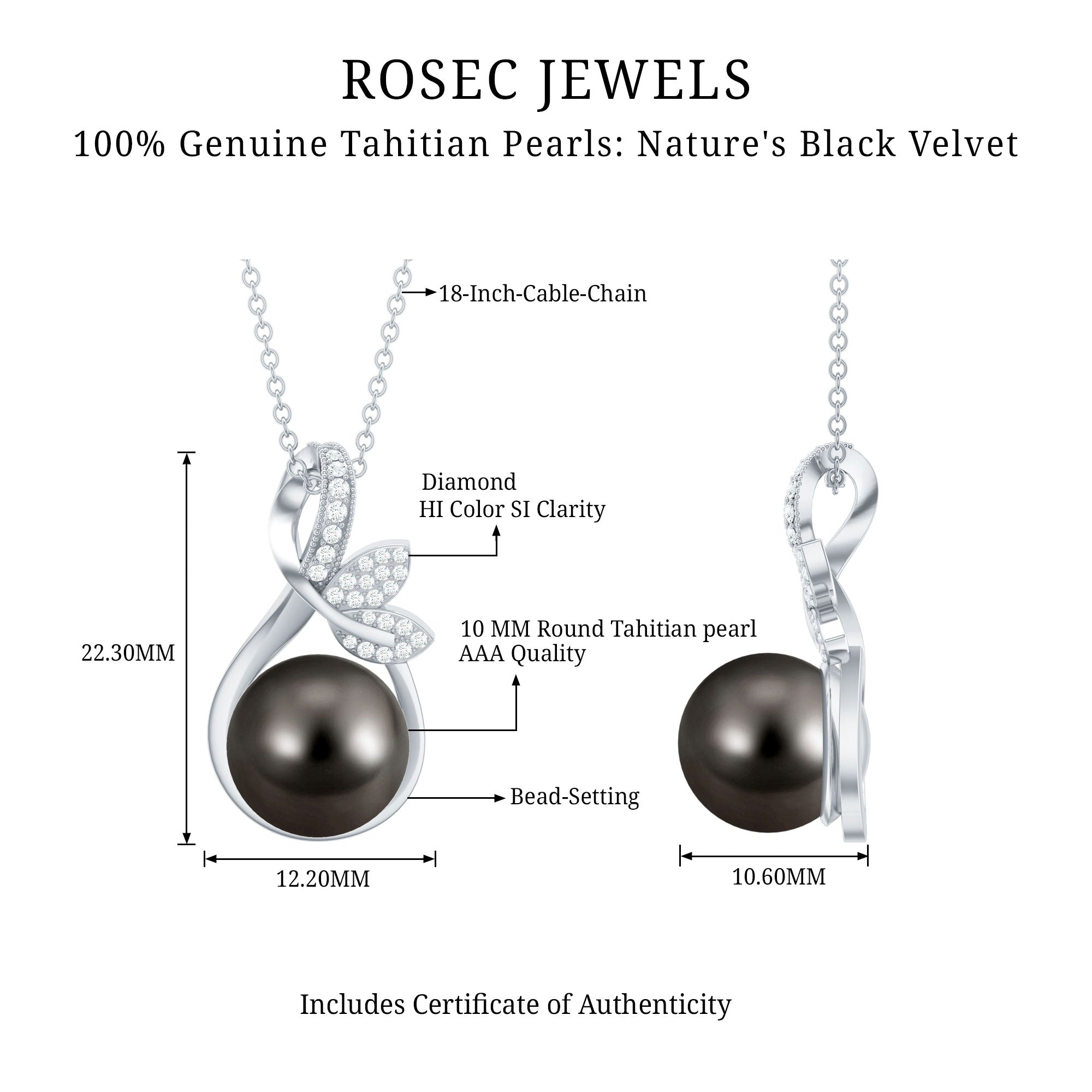 10MM Black Pearl and Diamond Bridal Pendant Necklace AAA - Rosec Jewels
