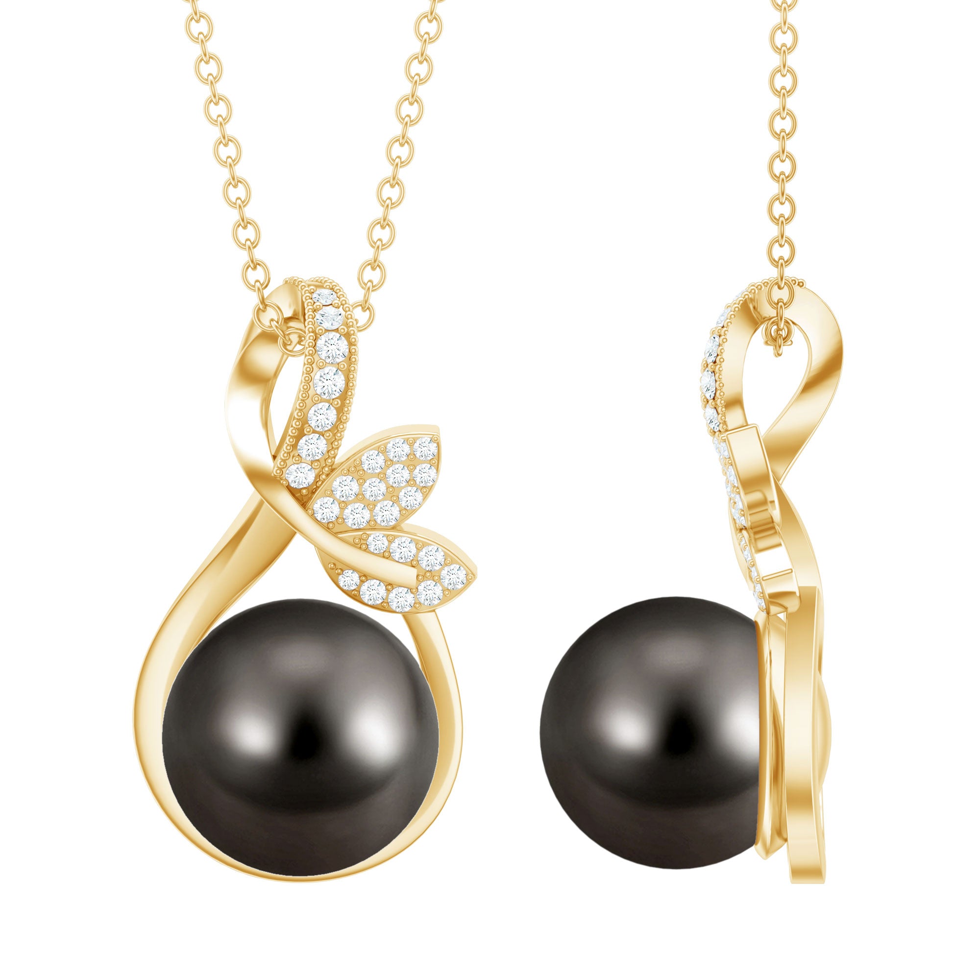 10MM Black Pearl and Diamond Bridal Pendant Necklace AAA - Rosec Jewels