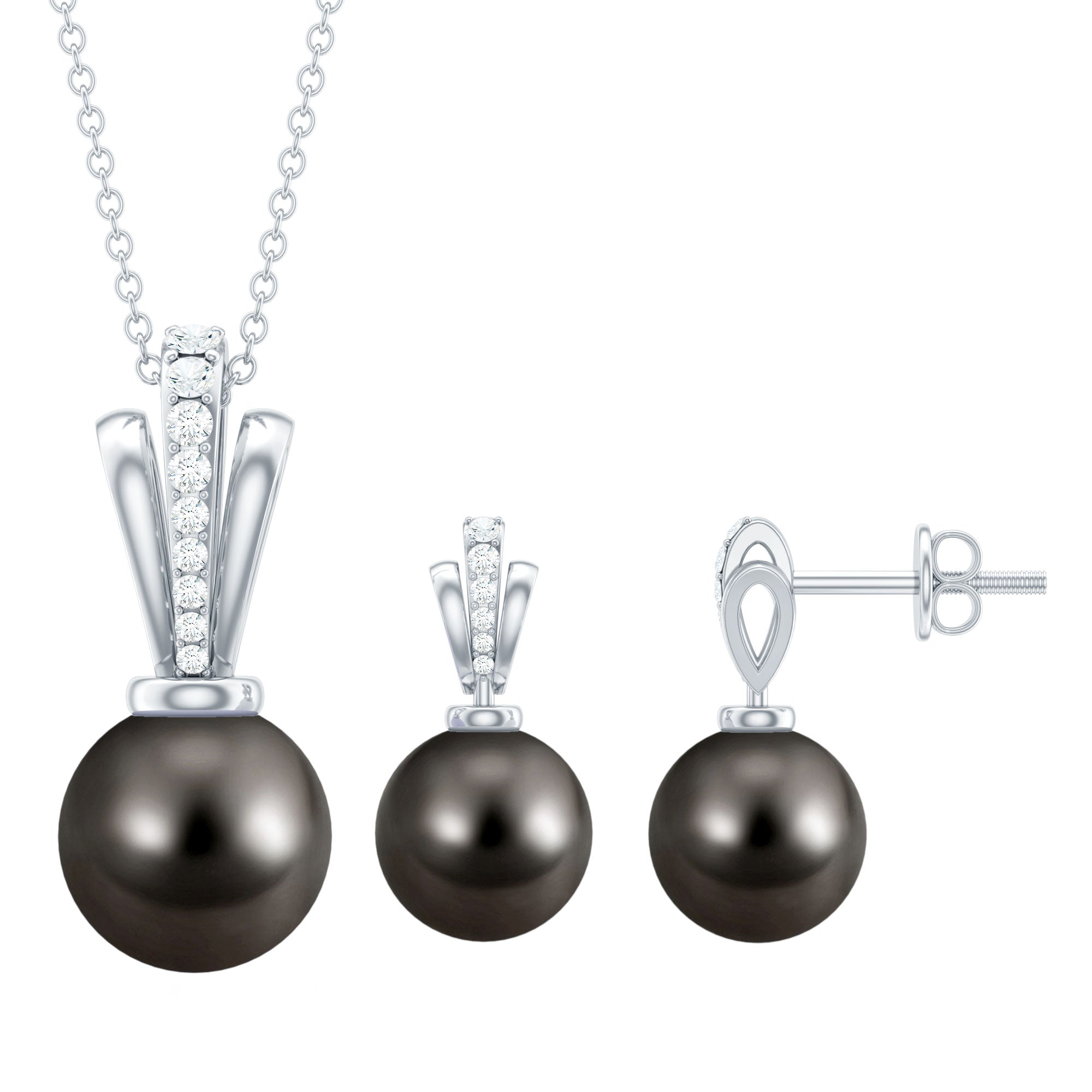 Genuine Tahitian Pearl and Diamond Drop Necklace Earrings Set AAA - Rosec Jewels