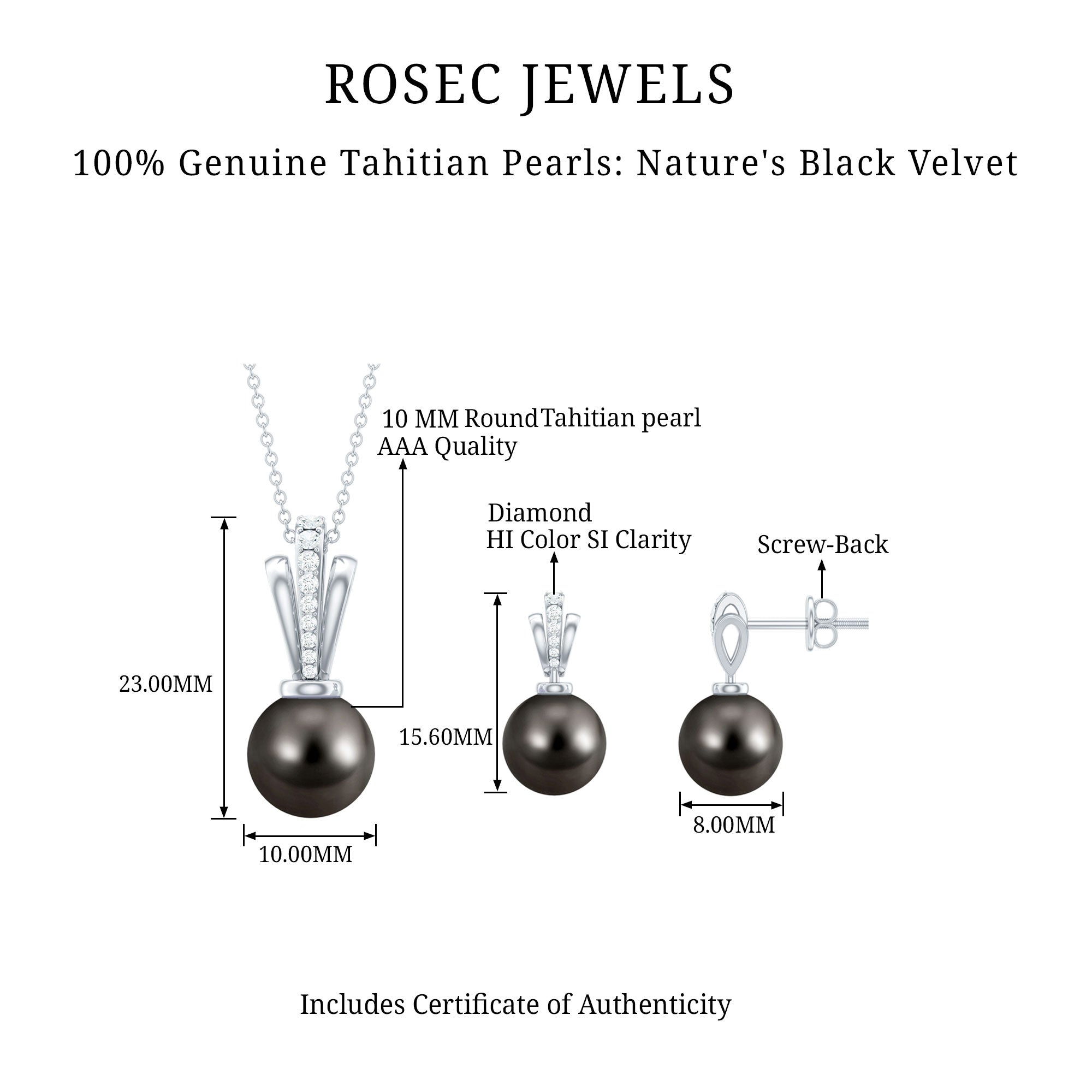 Genuine Tahitian Pearl and Diamond Drop Necklace Earrings Set AAA - Rosec Jewels