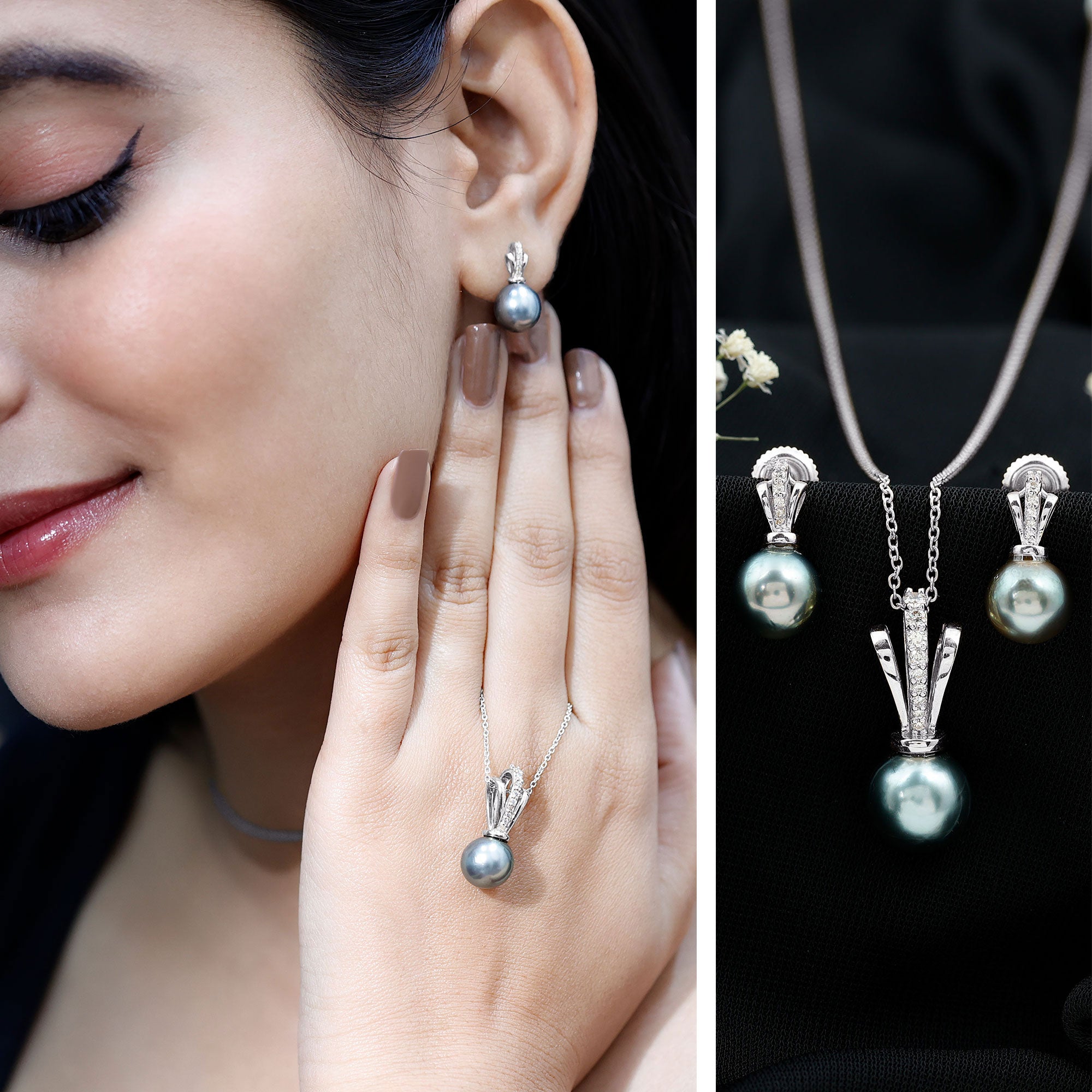 Genuine Tahitian Pearl and Diamond Drop Necklace Earrings Set AAA - Rosec Jewels